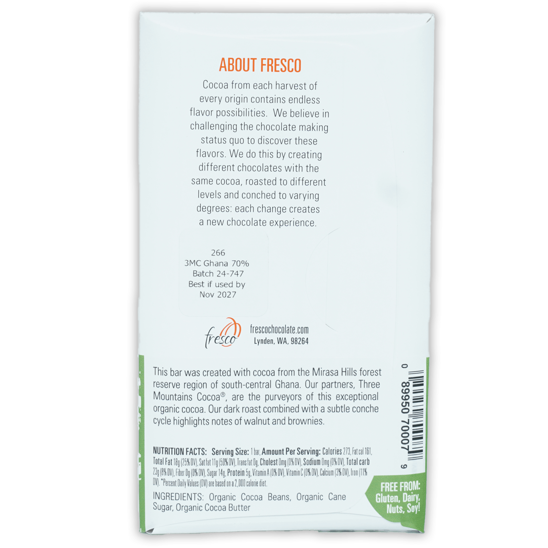 Fresco Ghana Dark Roast 70% white wrapper with green accents