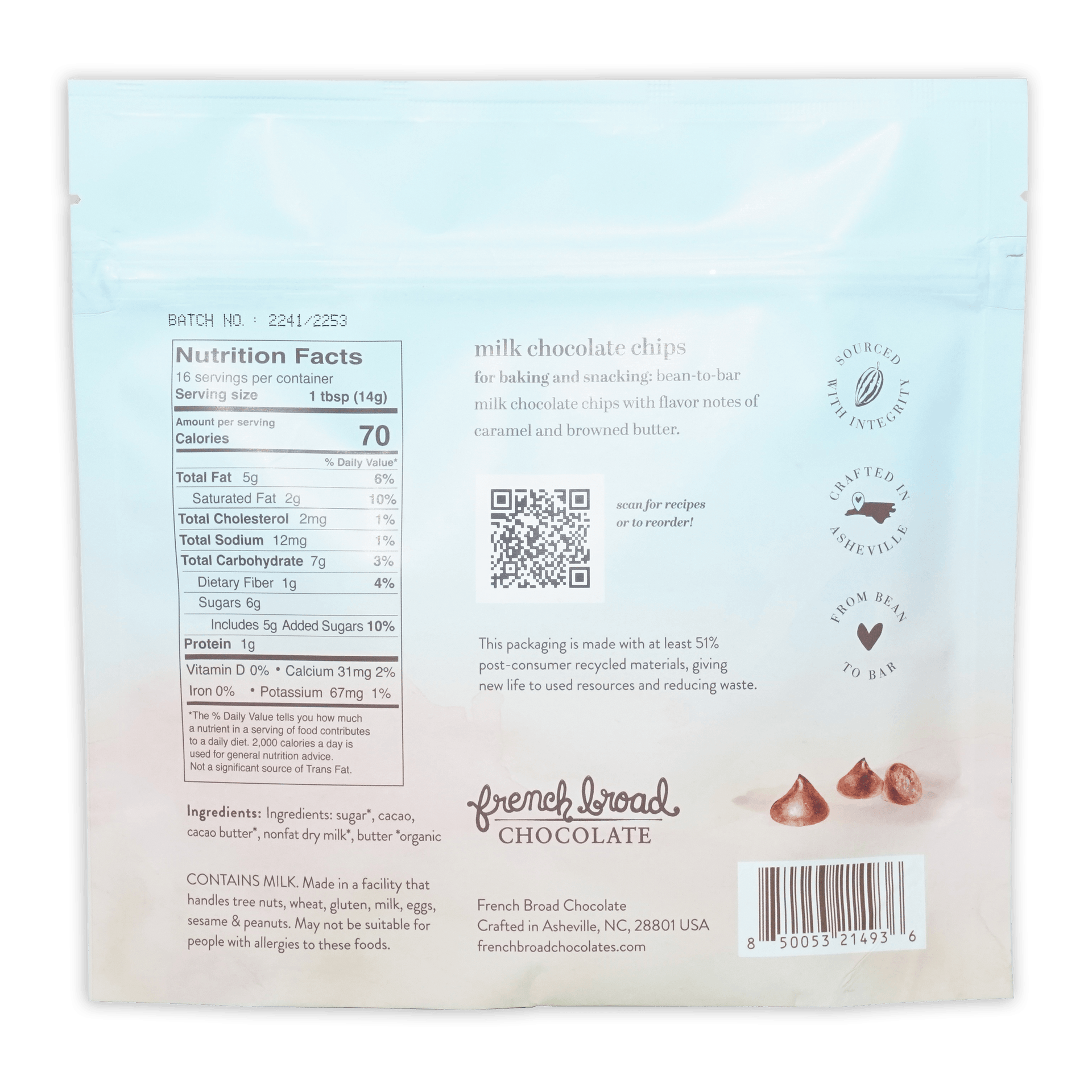 French Broad Brown Butter Milk Chocolate Chips 45% in resealable bag
