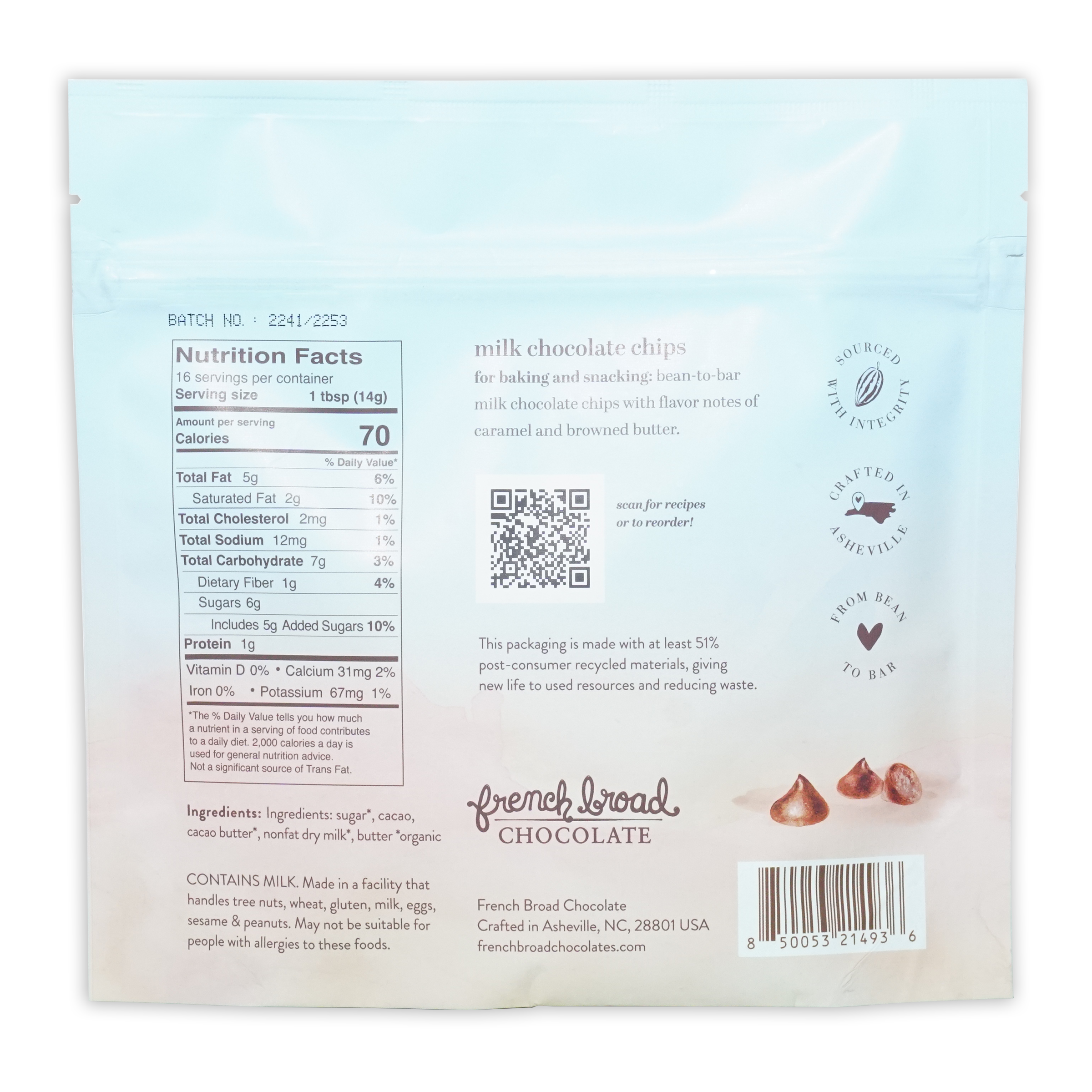 French Broad Brown Butter Milk Chocolate Chips 45% in resealable bag