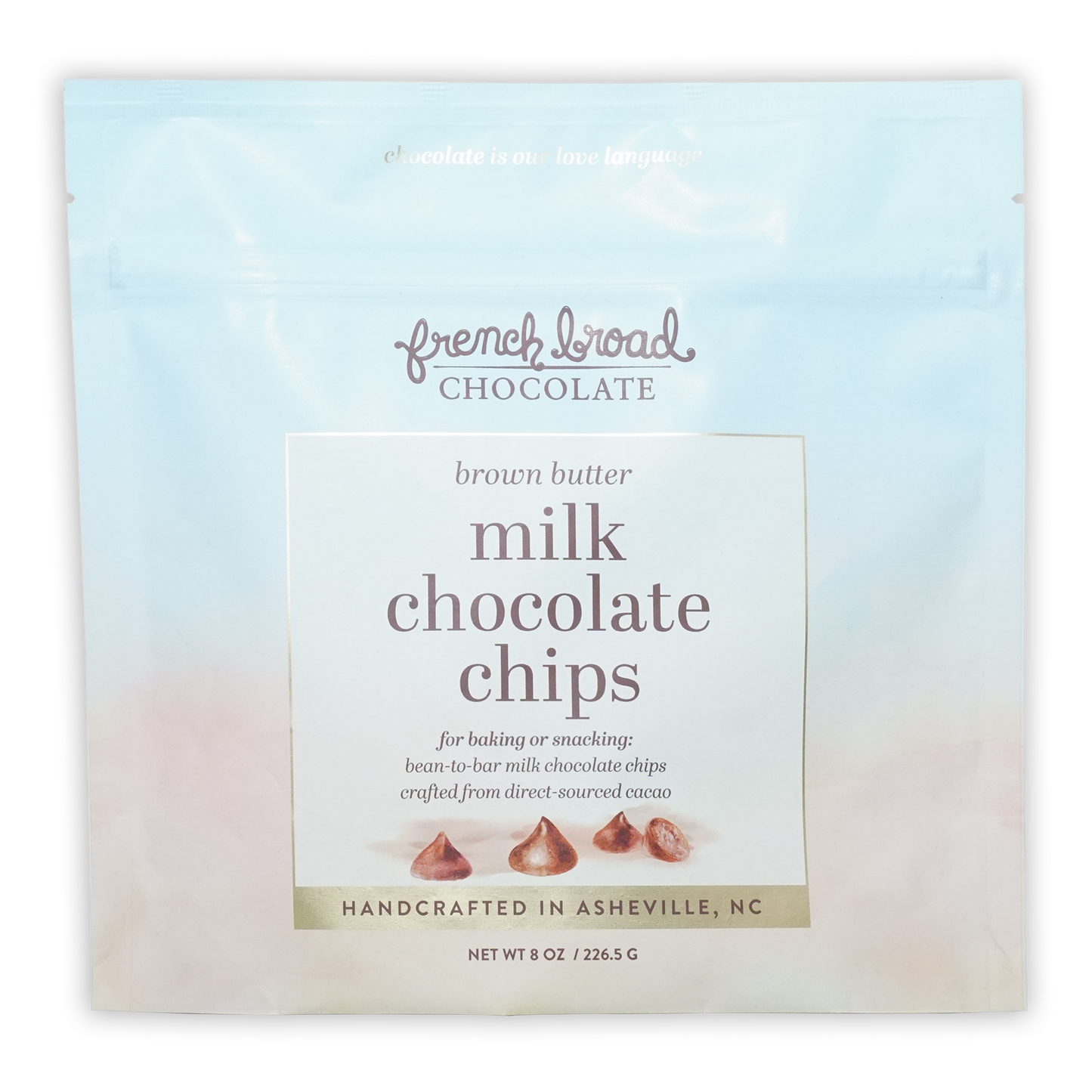 French Broad Brown Butter Milk Chocolate Chips 45% in blue bag