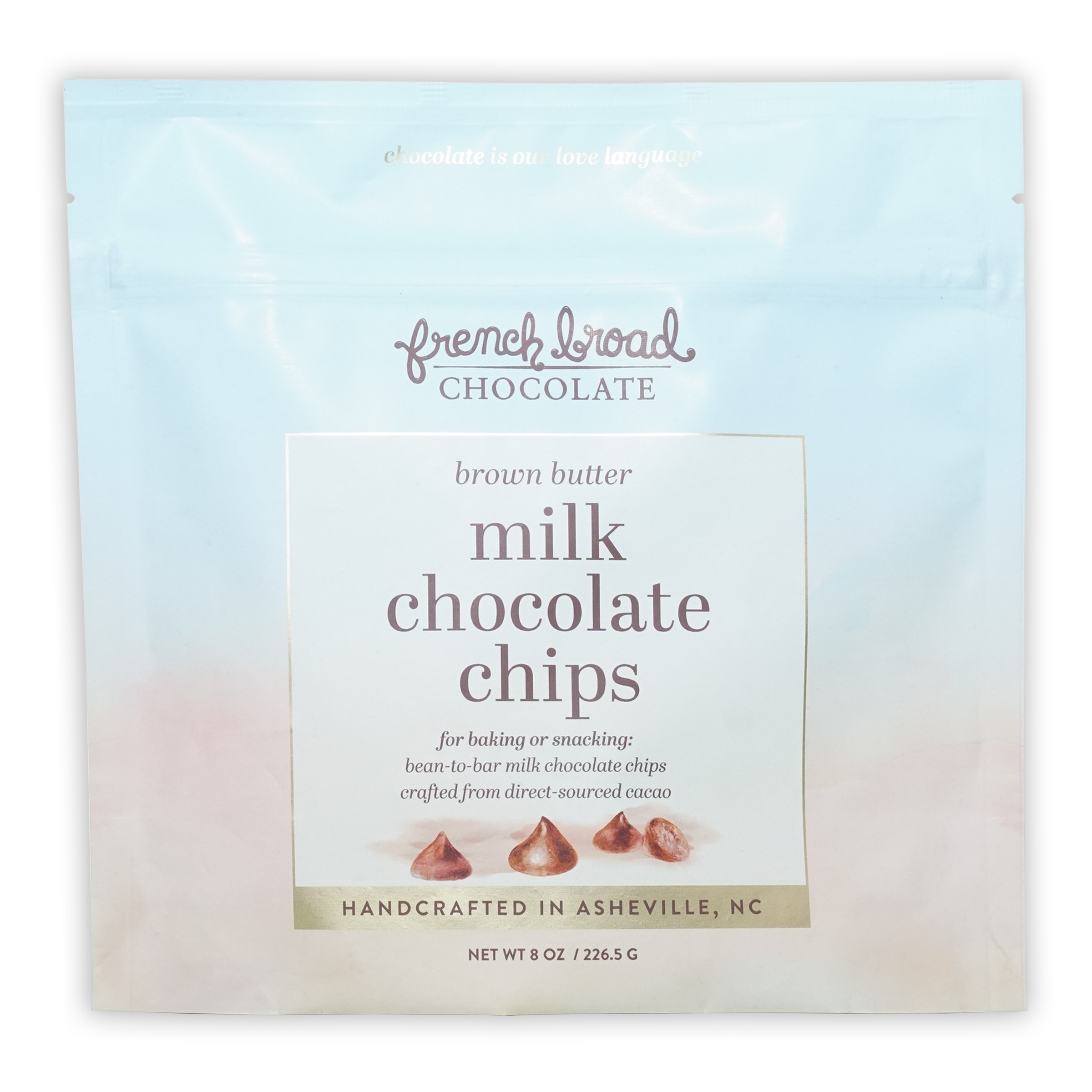 French Broad Brown Butter Milk Chocolate Chips 45% in blue bag