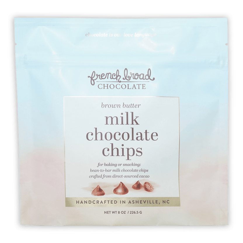 French Broad Brown Butter Milk Chocolate Chips 45% in blue bag