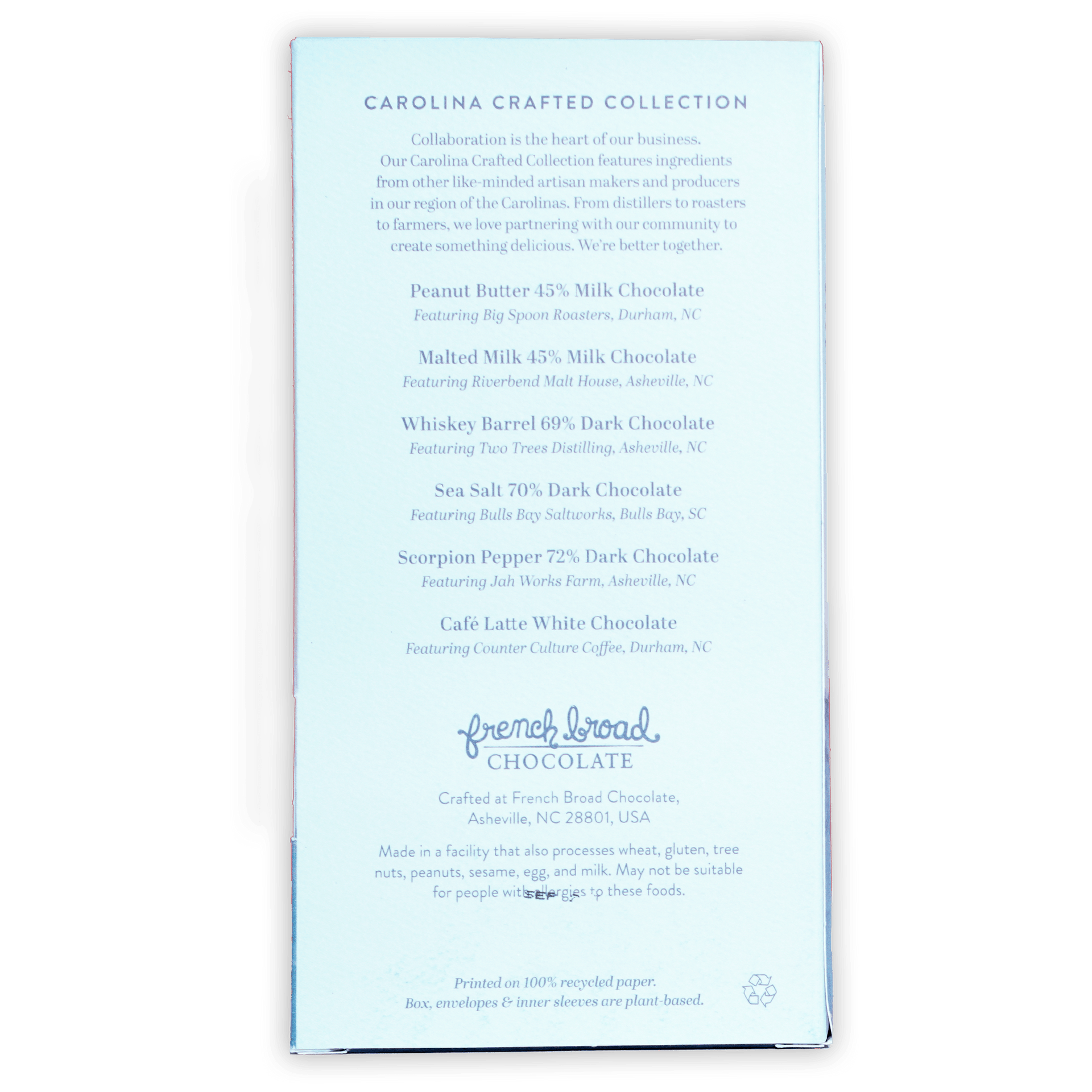 French Broad Chocolate Carolina Crafted 6 Bar Gift Set in light blue packaging