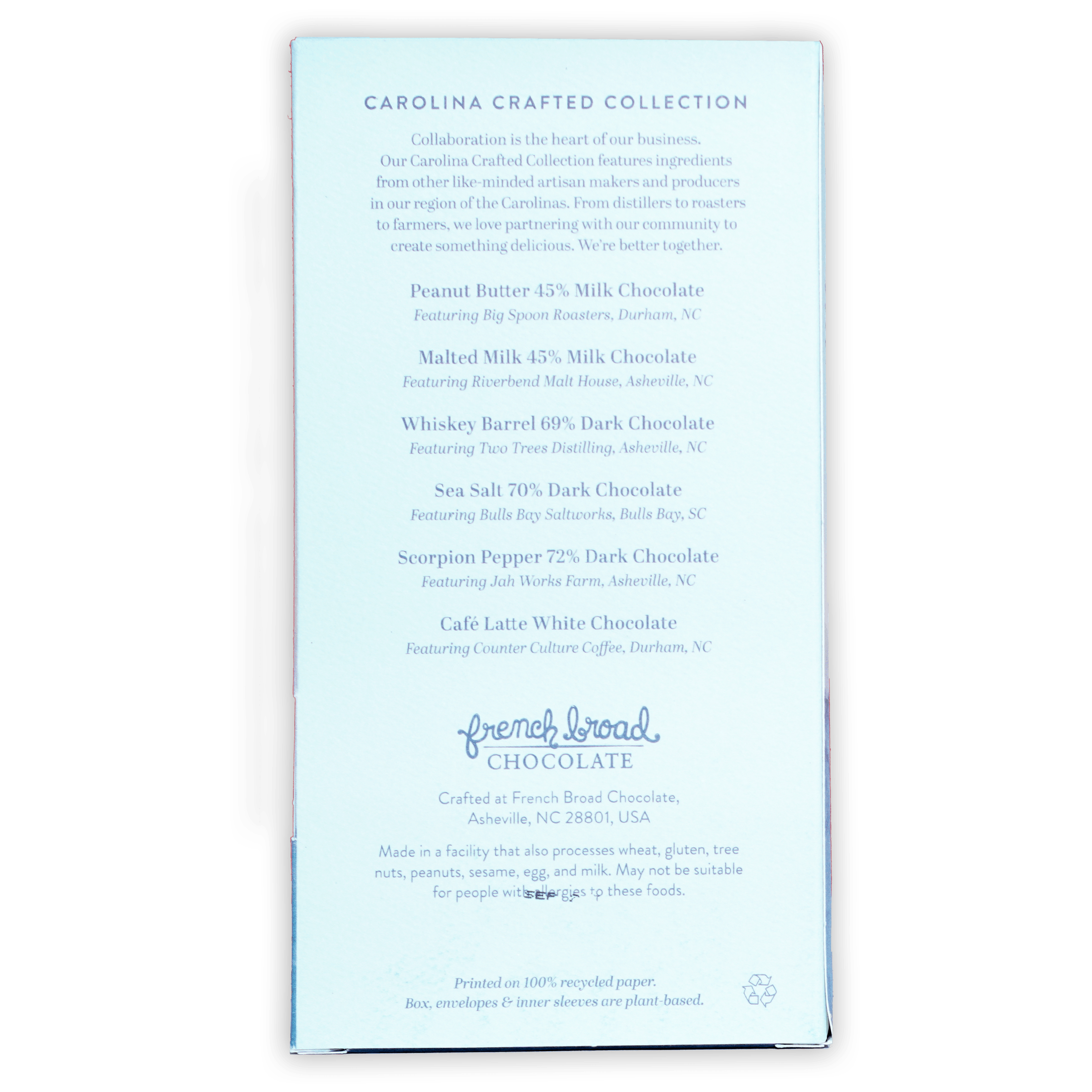 French Broad Chocolate Carolina Crafted 6 Bar Gift Set in light blue packaging