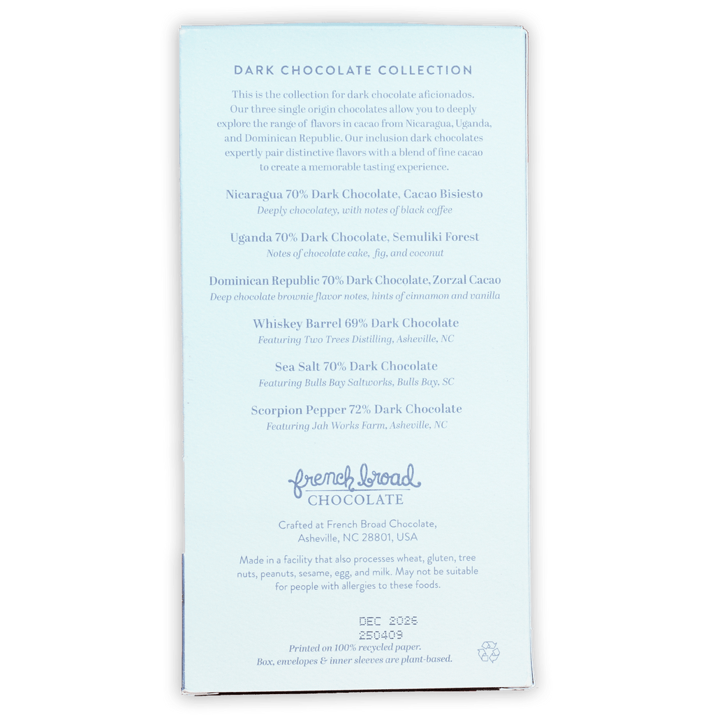 French Broad Chocolate Dark 6 Bar Gift Set packaging with single-origin 70% dark chocolates