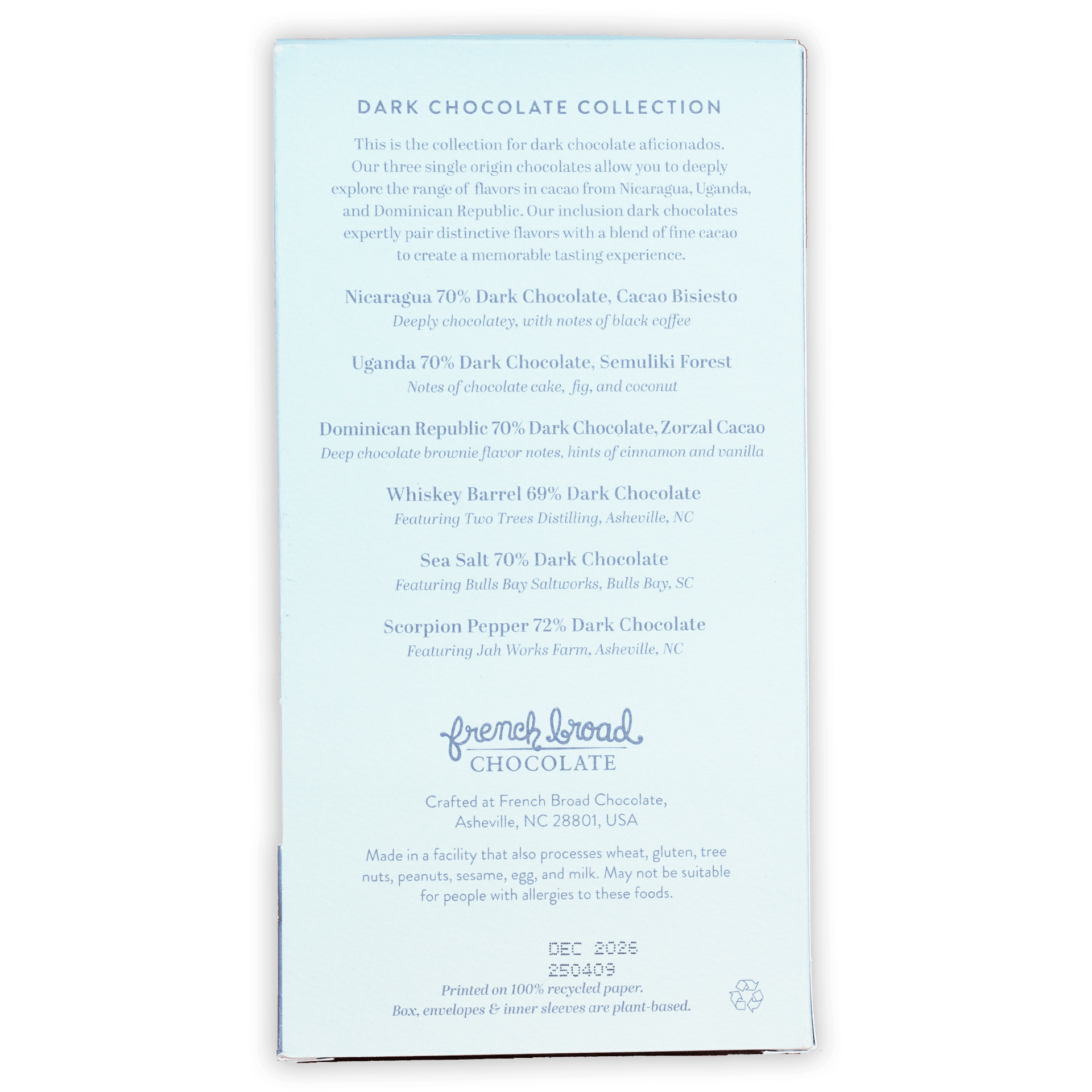 French Broad Chocolate Dark 6 Bar Gift Set packaging with single-origin 70% dark chocolates