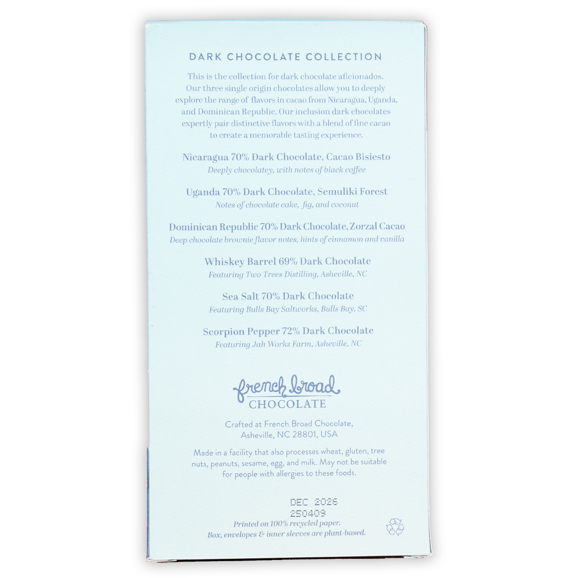 French Broad Chocolate Dark 6 Bar Gift Set packaging with single-origin 70% dark chocolates