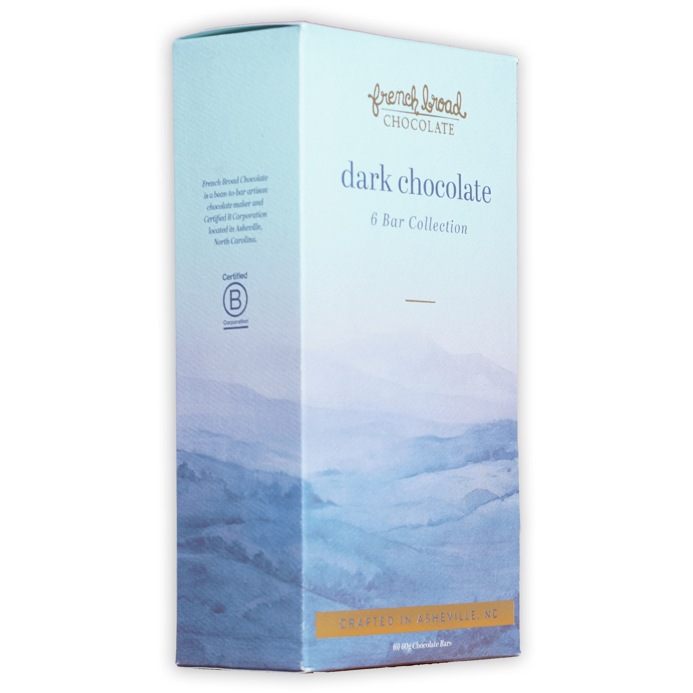 French Broad Chocolate Dark 6 Bar Gift Set in light blue box with mountain design