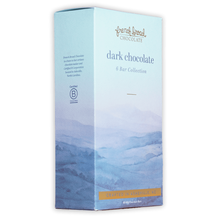 French Broad Chocolate Dark 6 Bar Gift Set in light blue box with mountain design