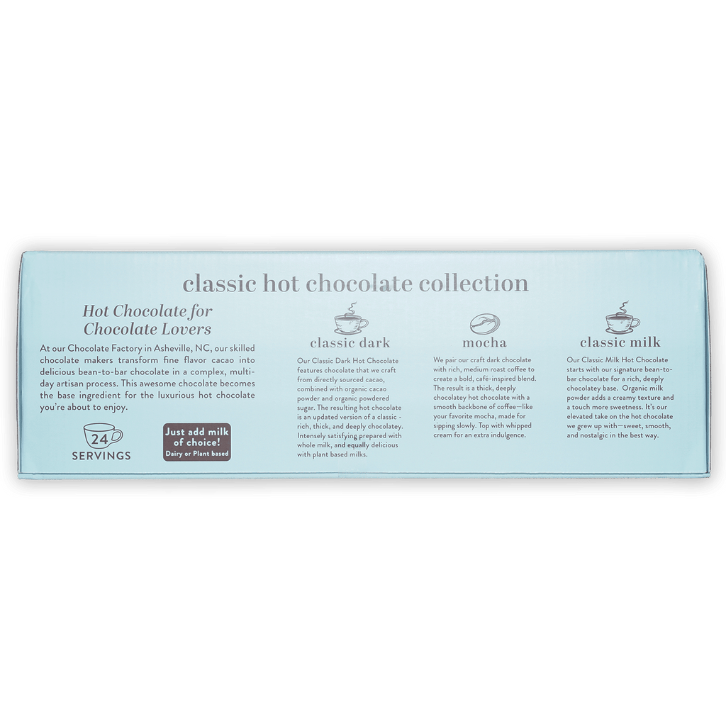 French Broad Classic Hot Chocolate Collection in light blue box with dark mocha milk varieties