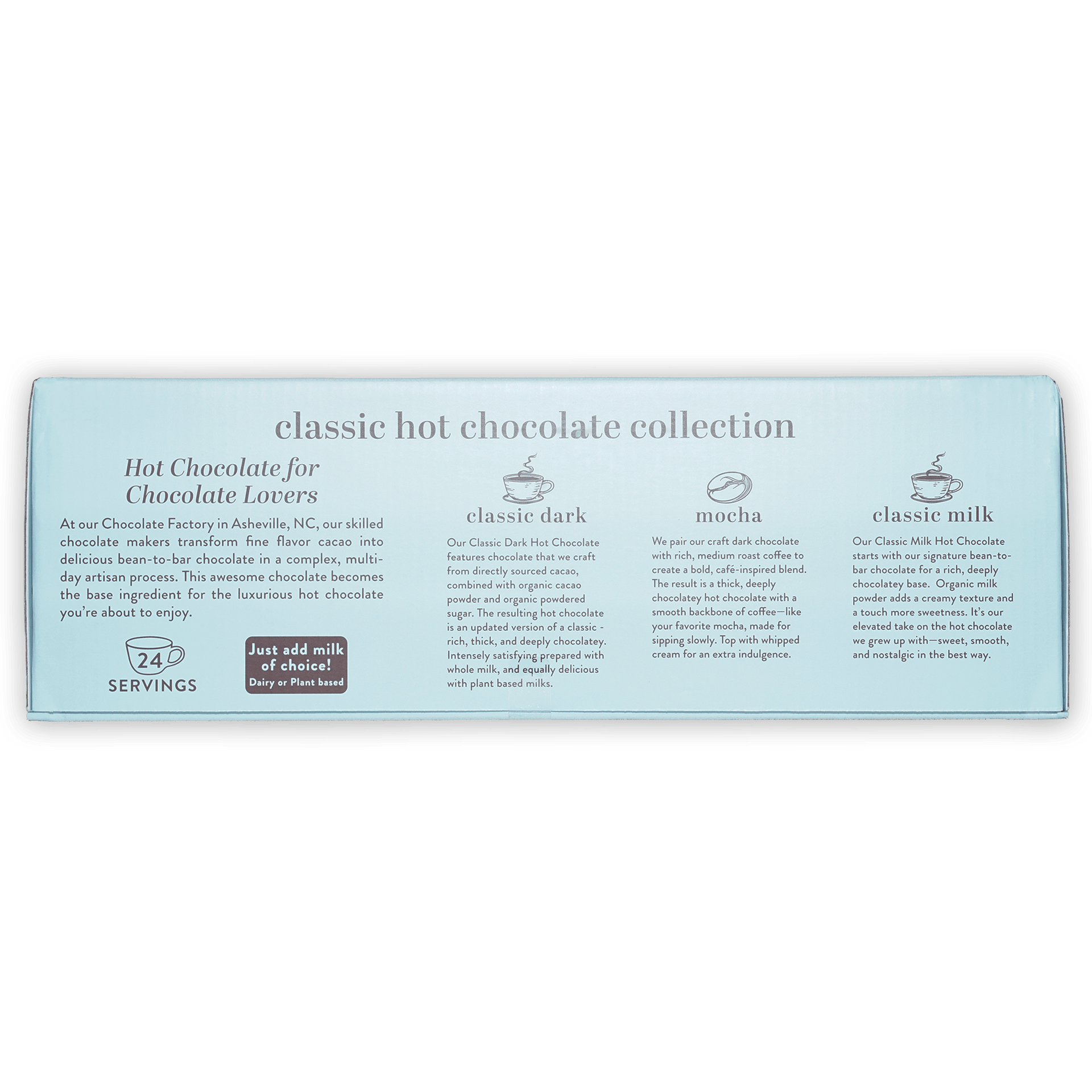 French Broad Classic Hot Chocolate Collection in light blue box with dark mocha milk varieties