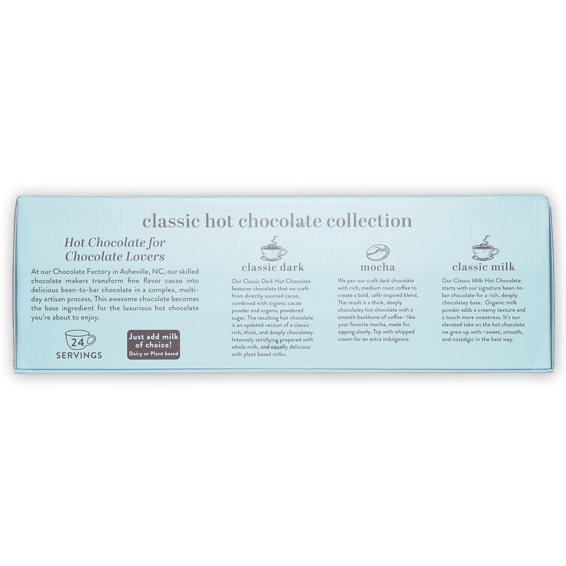 French Broad Classic Hot Chocolate Collection in light blue box with dark mocha milk varieties