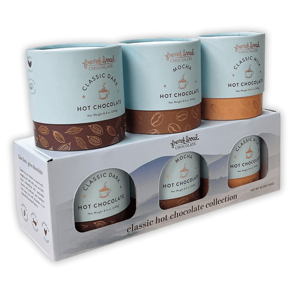 French Broad Classic Hot Chocolate Collection in blue brown cans