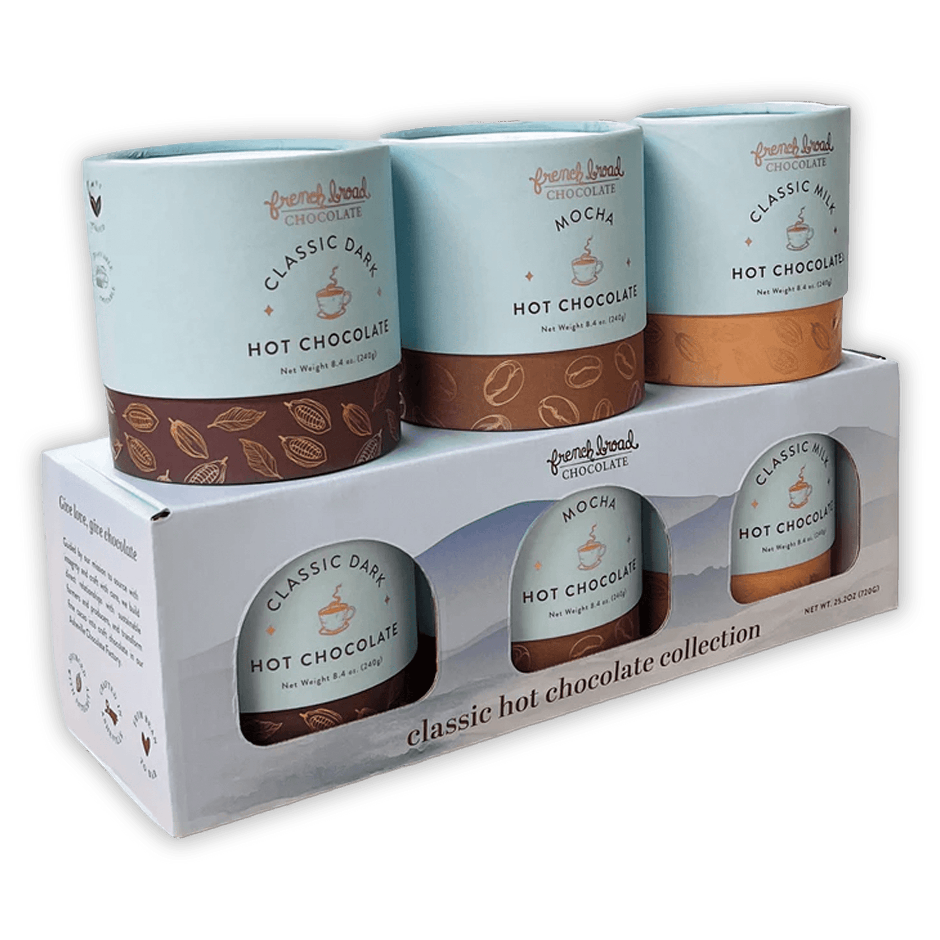 French Broad Classic Hot Chocolate Collection in blue brown cans