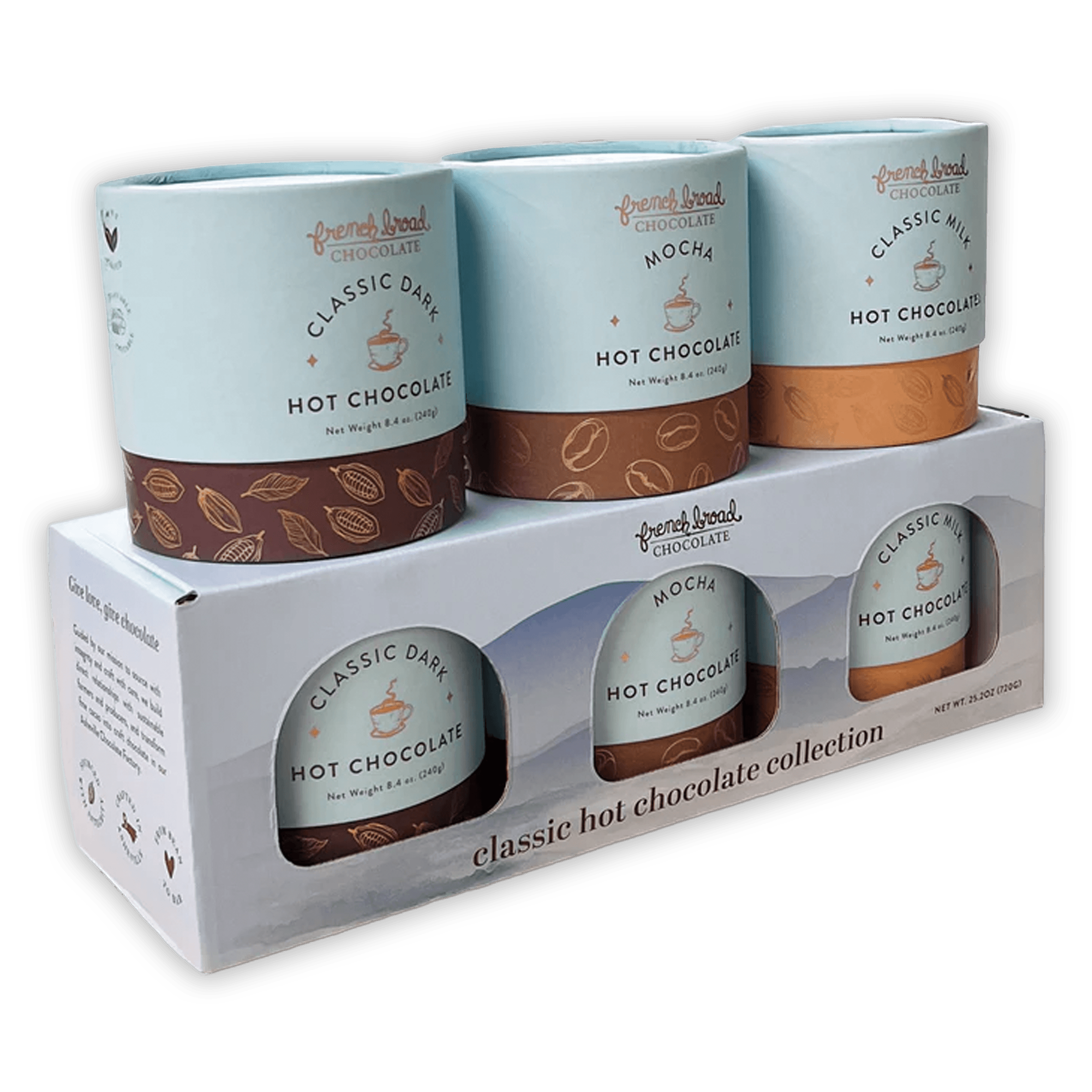 French Broad Classic Hot Chocolate Collection in blue brown cans