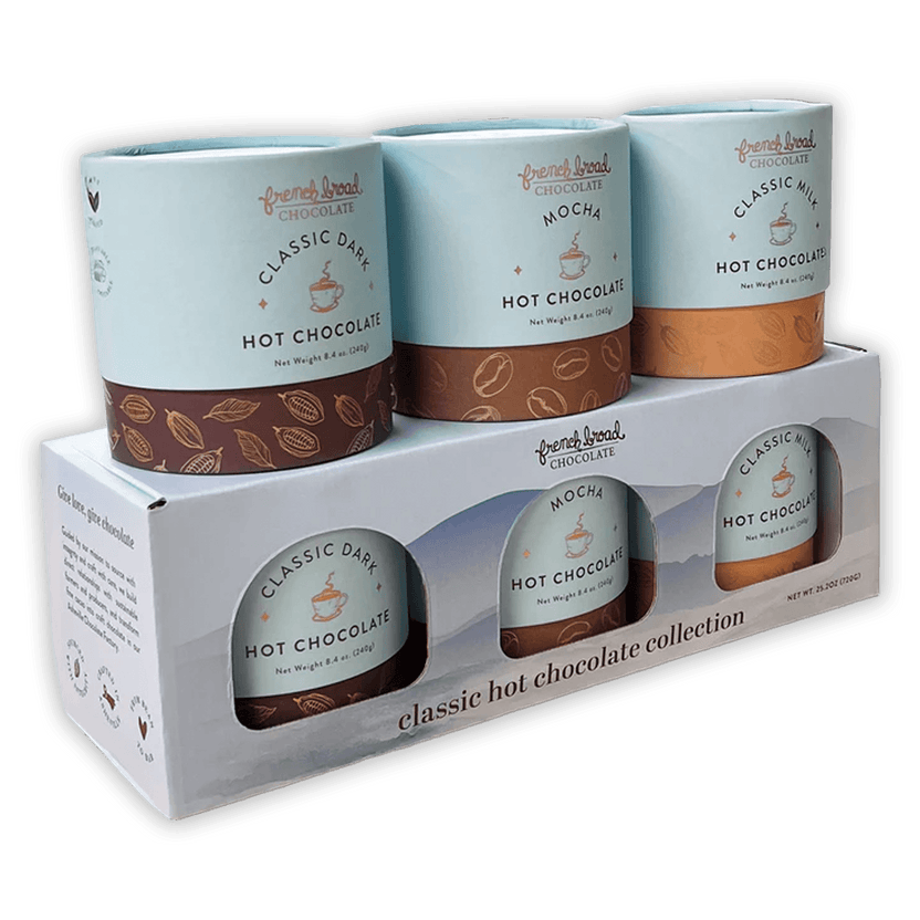 French Broad Classic Hot Chocolate Collection in blue brown cans