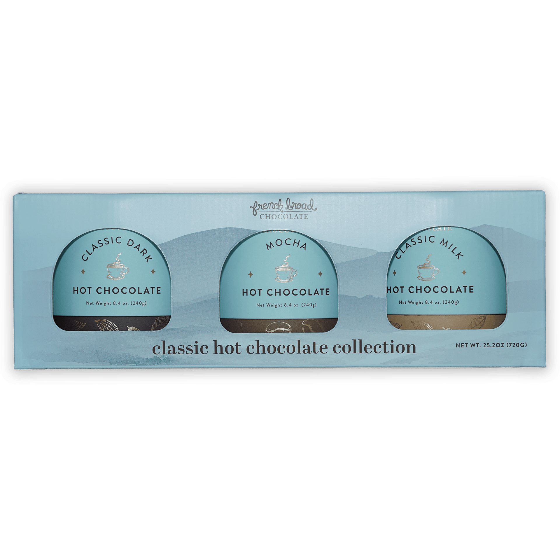 French Broad Classic Hot Chocolate Collection in light blue box with dark mocha milk pots