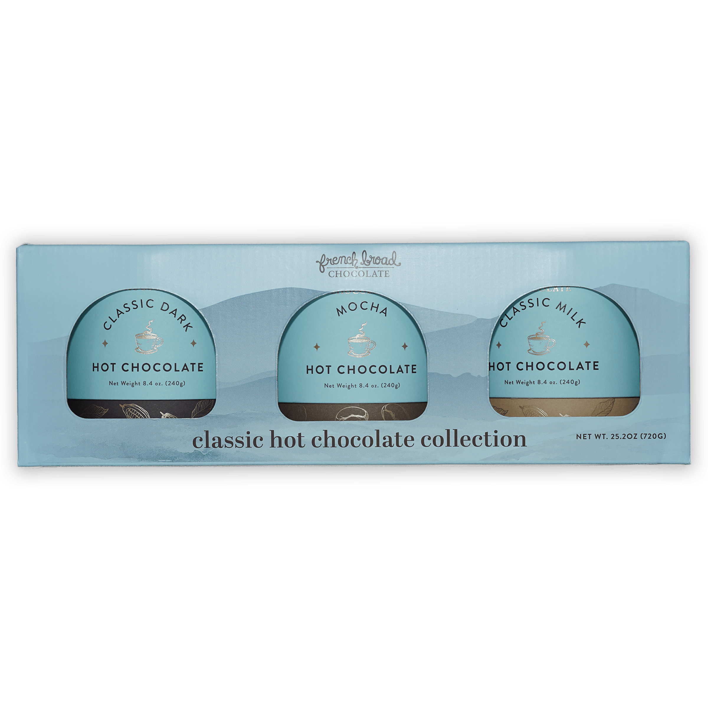 French Broad Classic Hot Chocolate Collection in light blue box with dark mocha milk pots