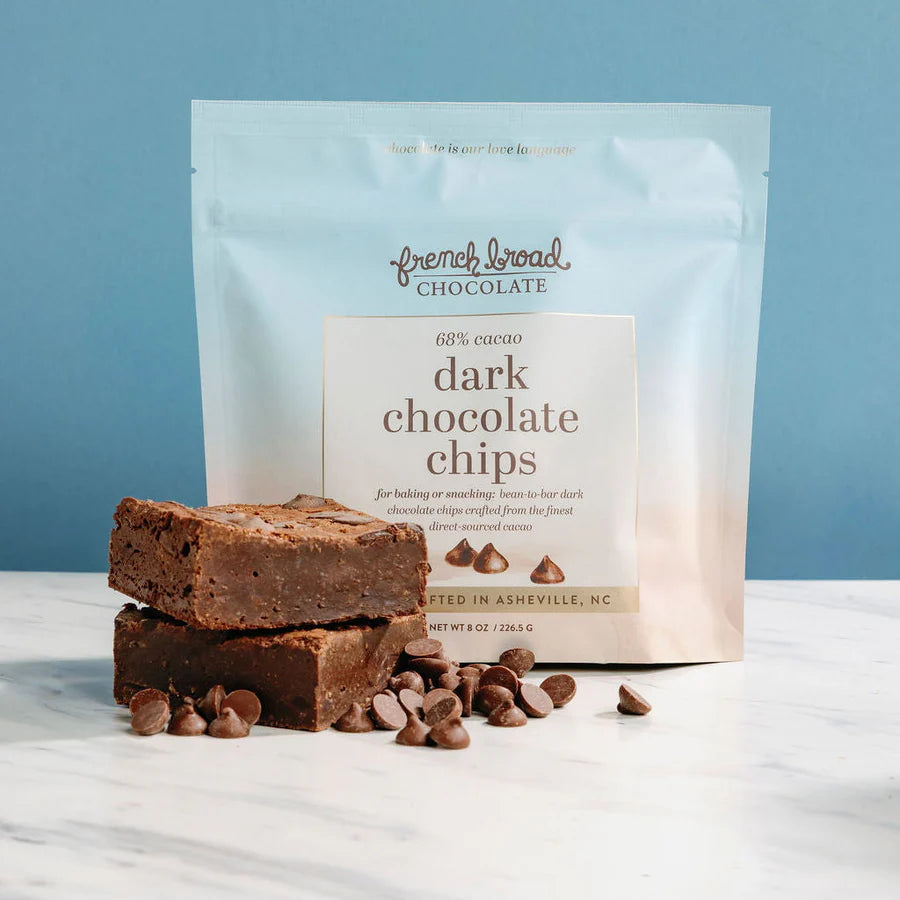 French Broad 68% cacao dark chocolate chips bag, light blue packaging