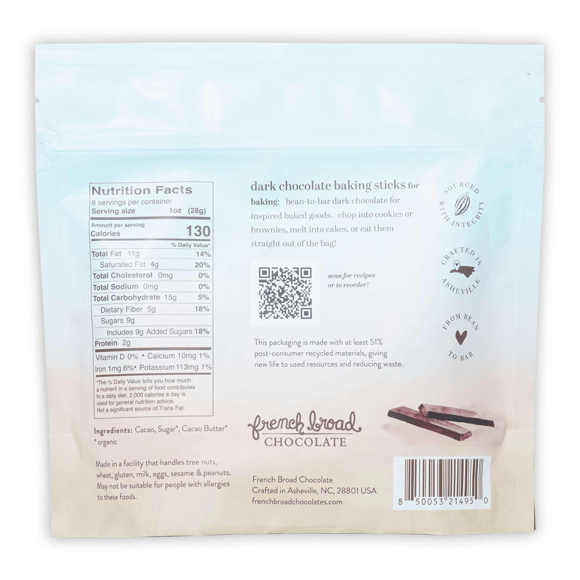 French Broad Dark Chocolate Baking Sticks 68% in light blue package