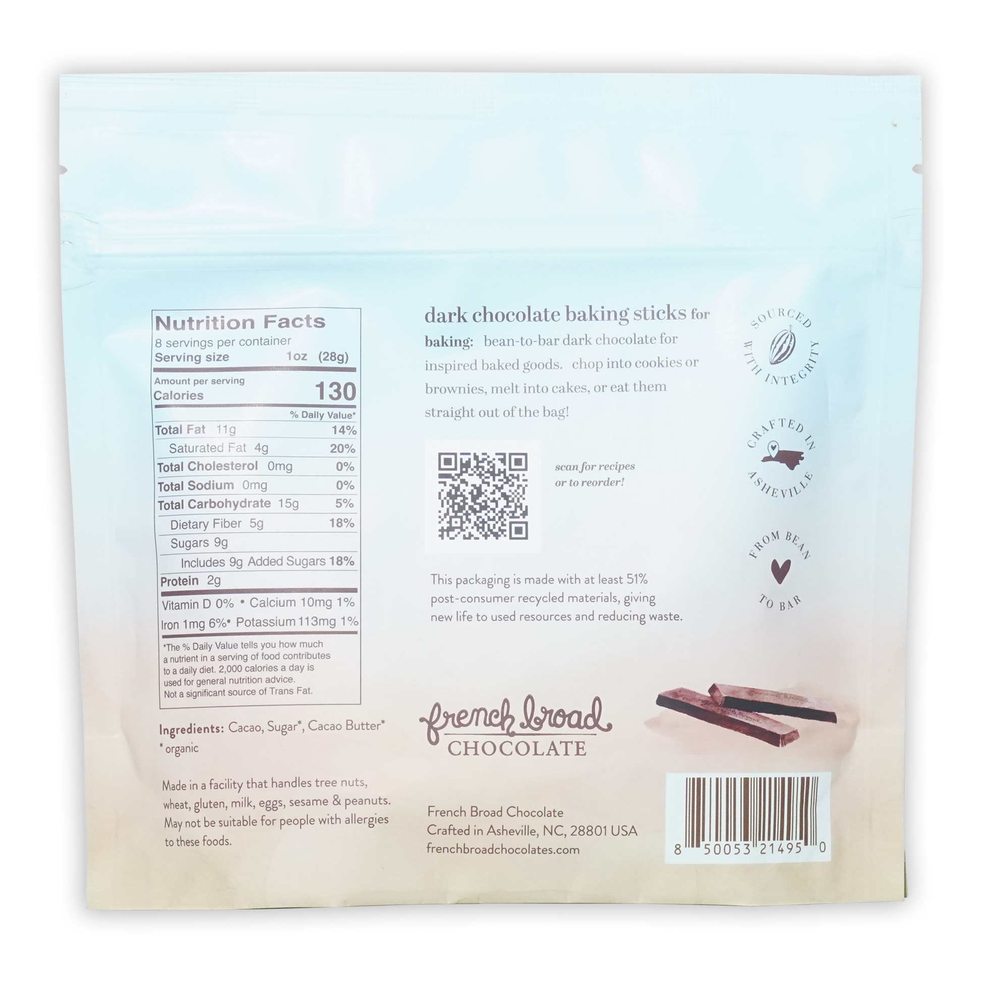 French Broad Dark Chocolate Baking Sticks 68% in light blue package