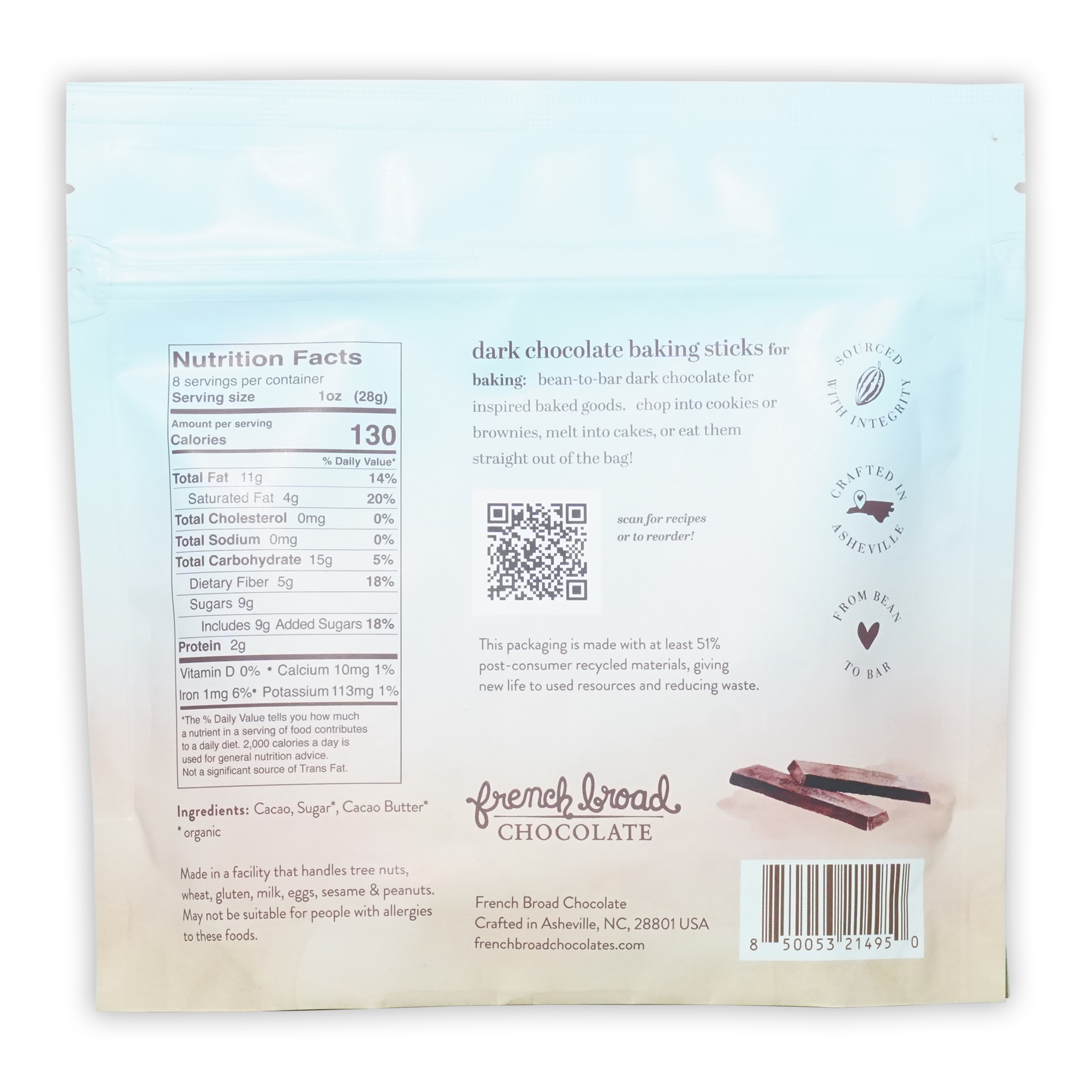 French Broad Dark Chocolate Baking Sticks 68% in light blue package