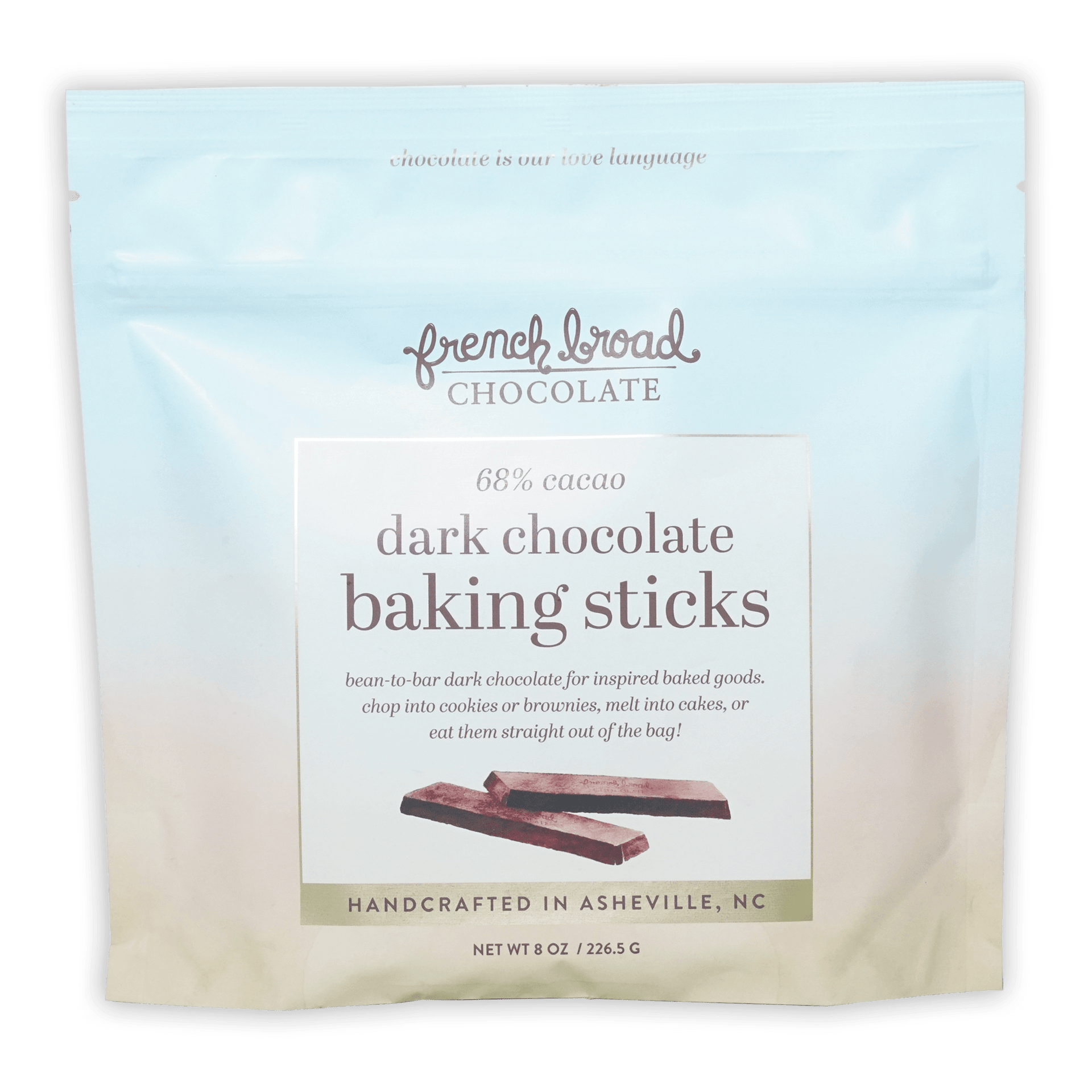French Broad 68% dark chocolate baking sticks in light blue resealable bag