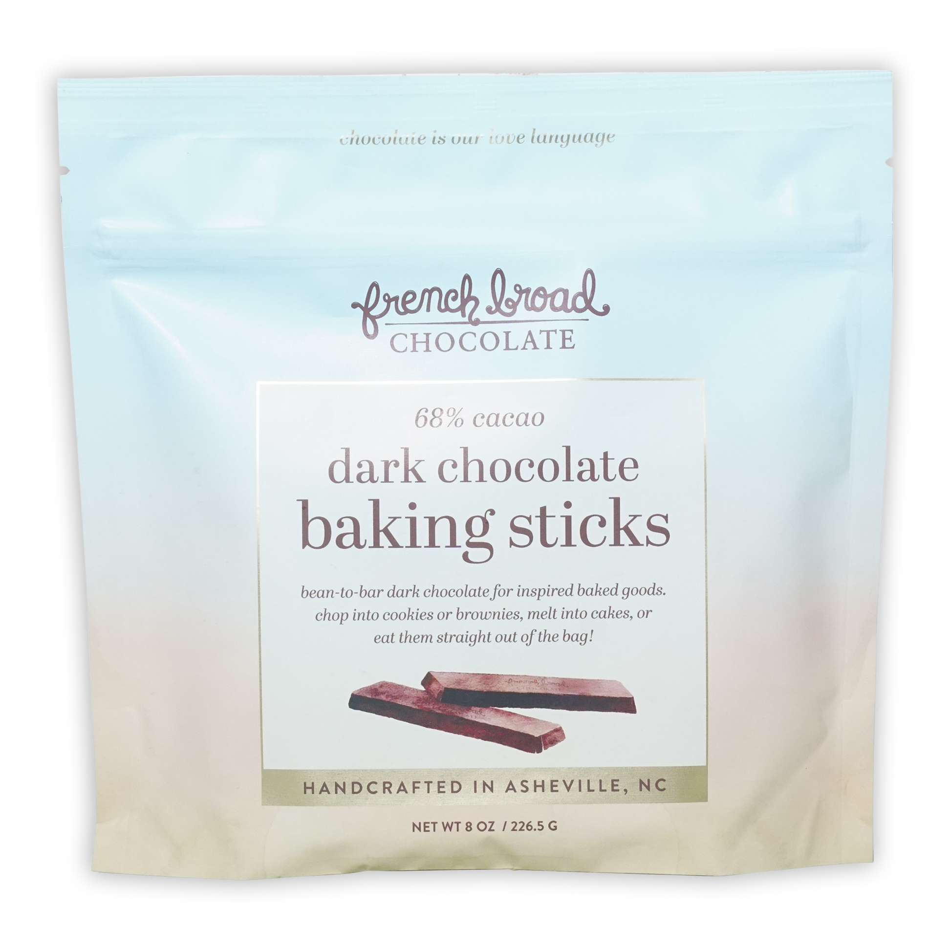 French Broad 68% dark chocolate baking sticks in light blue resealable bag