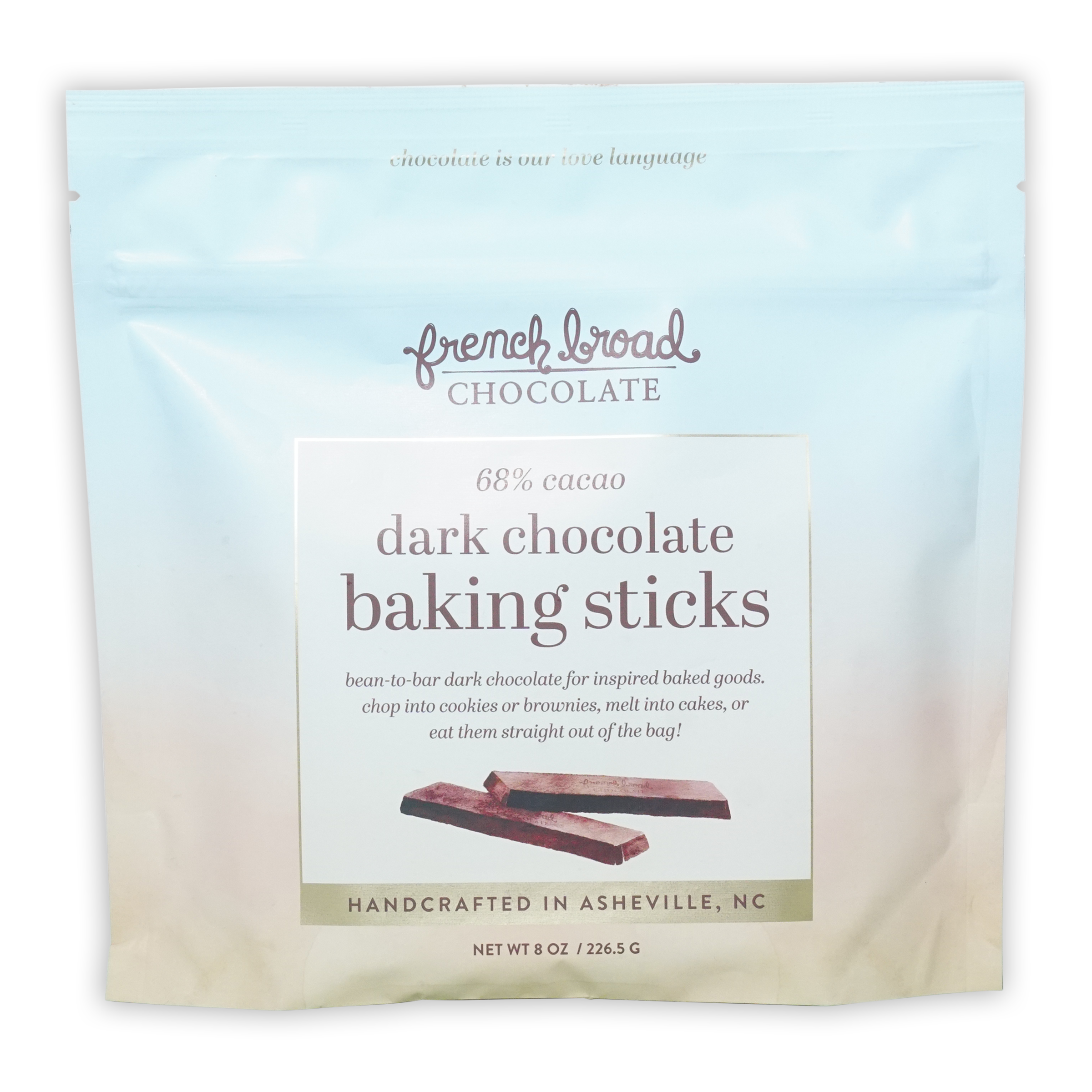 French Broad 68% dark chocolate baking sticks in light blue resealable bag