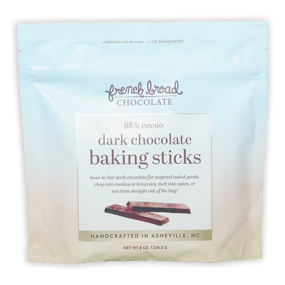 French Broad 68% dark chocolate baking sticks in light blue resealable bag
