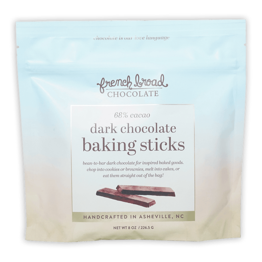 French Broad 68% dark chocolate baking sticks in light blue resealable bag