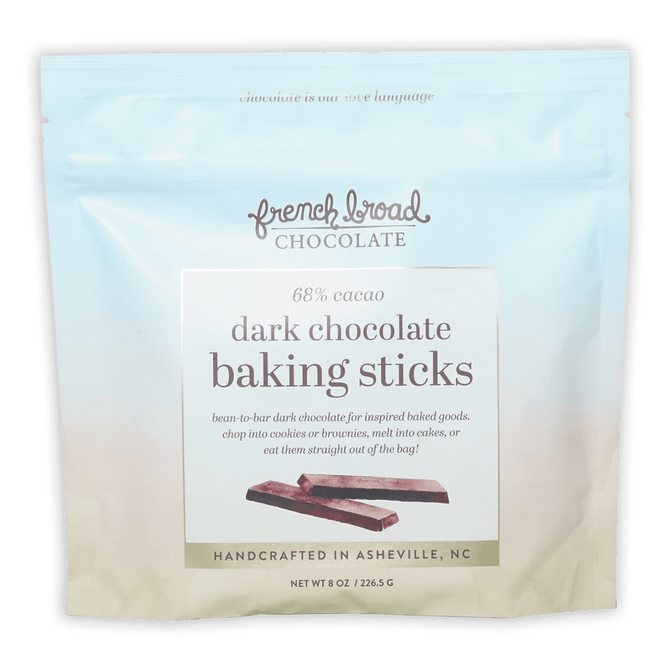 French Broad 68% dark chocolate baking sticks in light blue resealable bag
