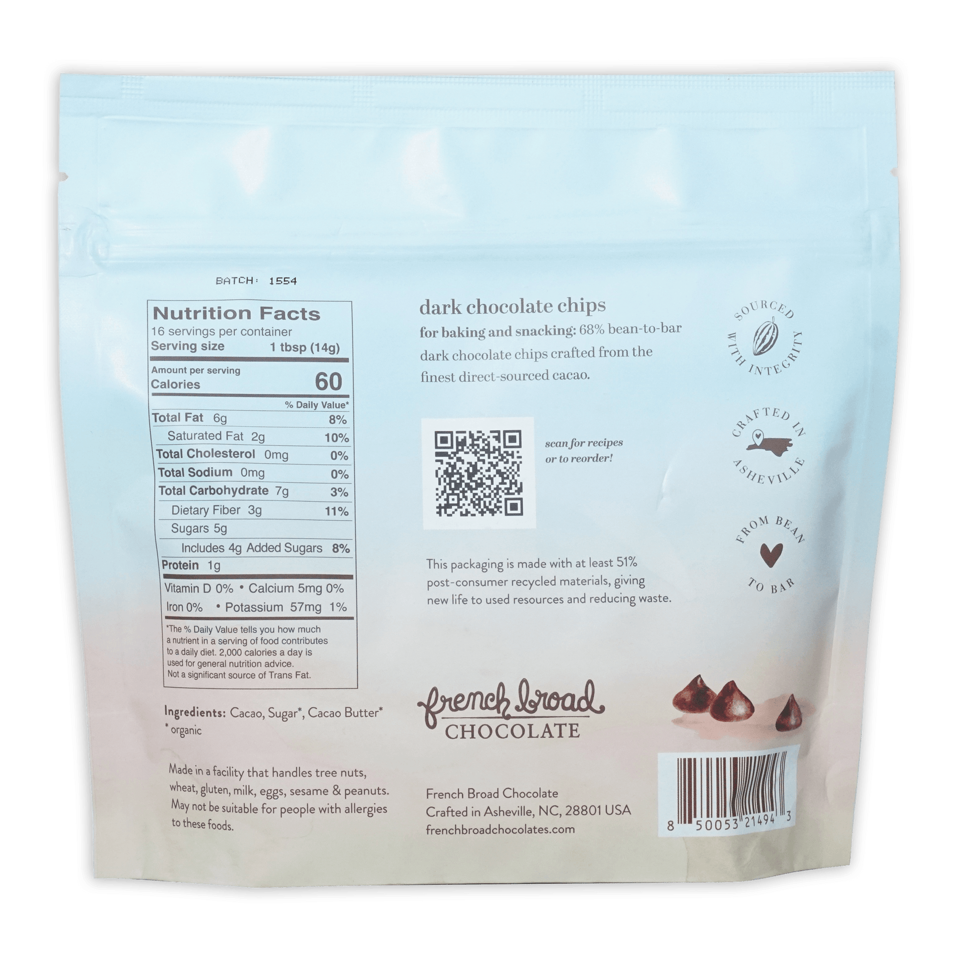 Light blue resealable bag of French Broad Dark Chocolate Chips 68%