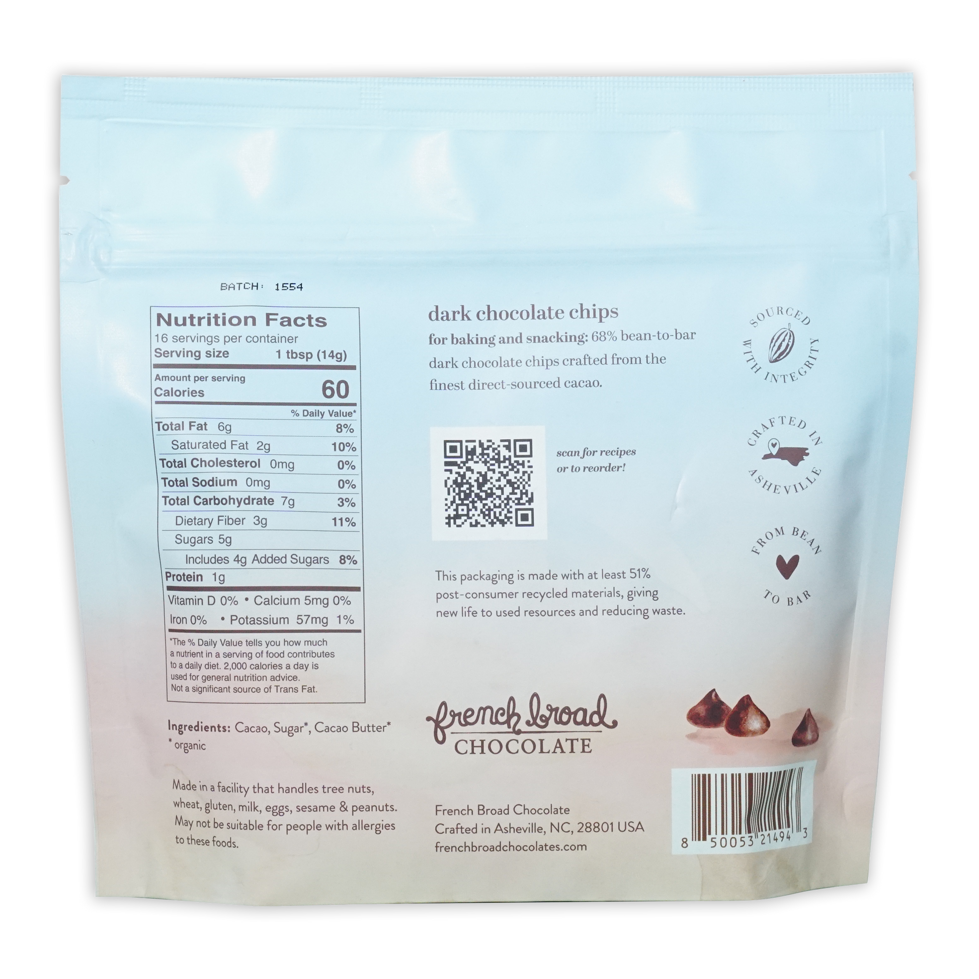 Light blue resealable bag of French Broad Dark Chocolate Chips 68%