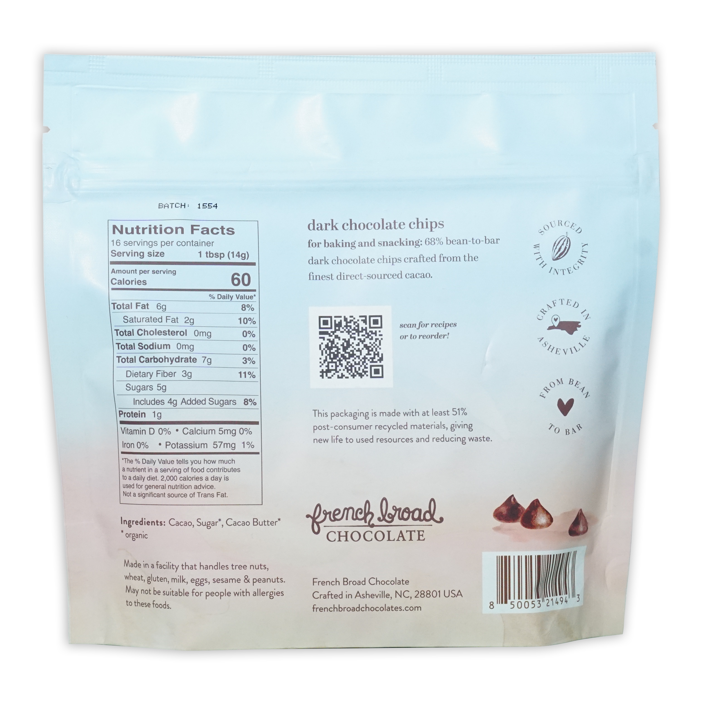Light blue resealable bag of French Broad Dark Chocolate Chips 68%