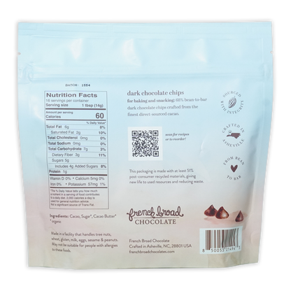 Light blue resealable bag of French Broad Dark Chocolate Chips 68%