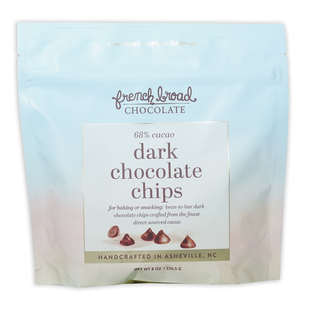 French Broad 68% dark chocolate chips in light blue resealable pouch