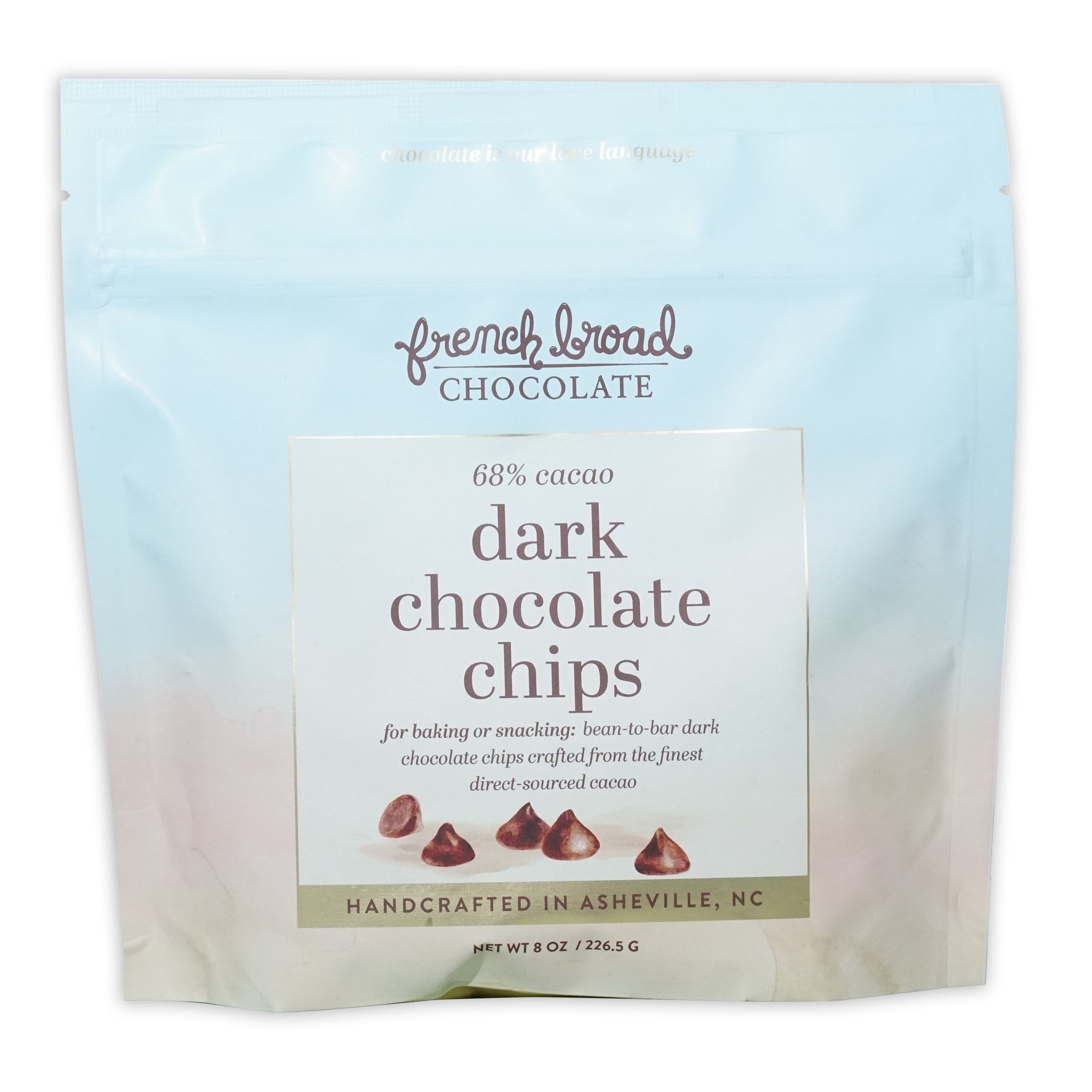 French Broad 68% dark chocolate chips in light blue resealable pouch