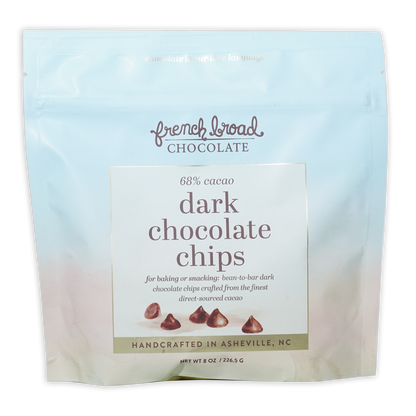 French Broad 68% dark chocolate chips in light blue resealable pouch