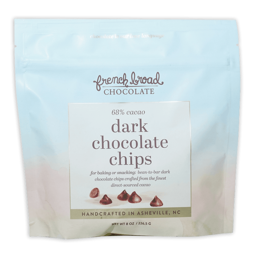 French Broad 68% dark chocolate chips in light blue resealable pouch