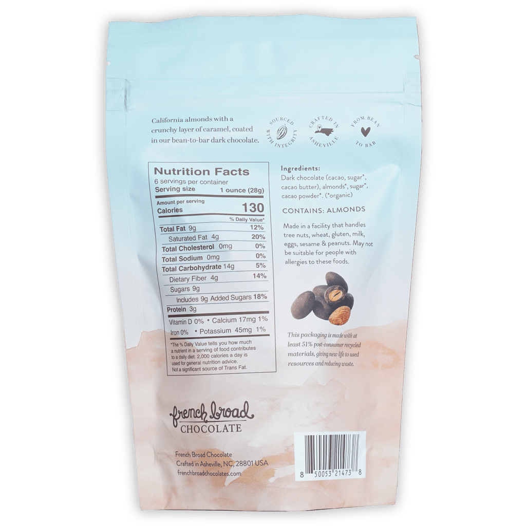 French Broad dark chocolate covered caramelized almonds in light blue pink foil bag
