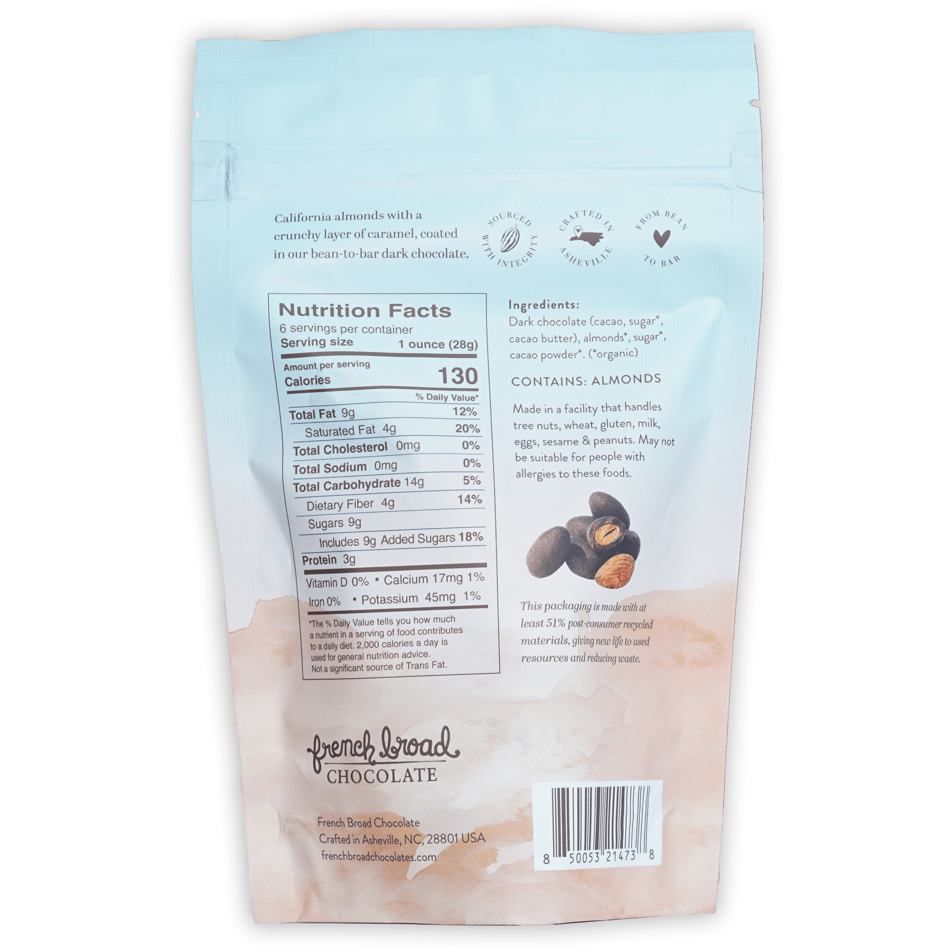French Broad dark chocolate covered caramelized almonds in light blue pink foil bag