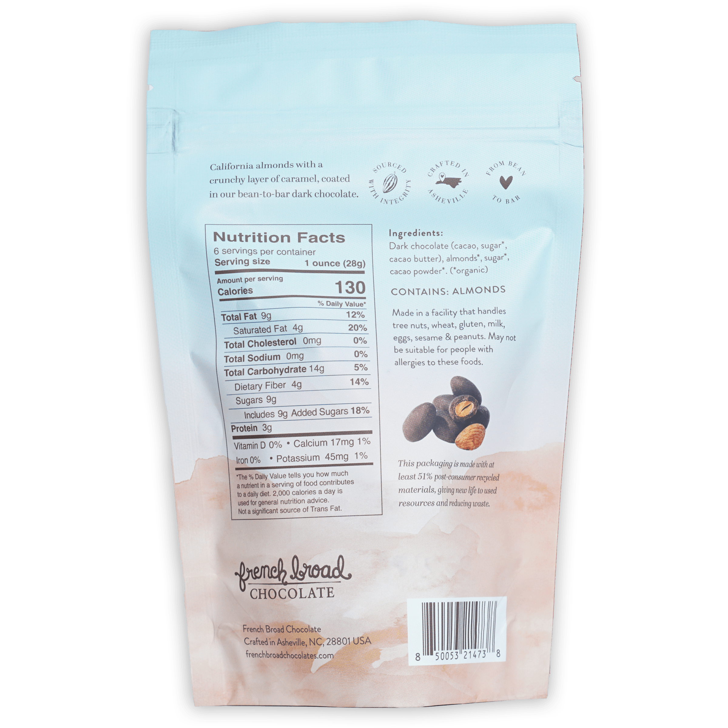 French Broad dark chocolate covered caramelized almonds in light blue pink foil bag