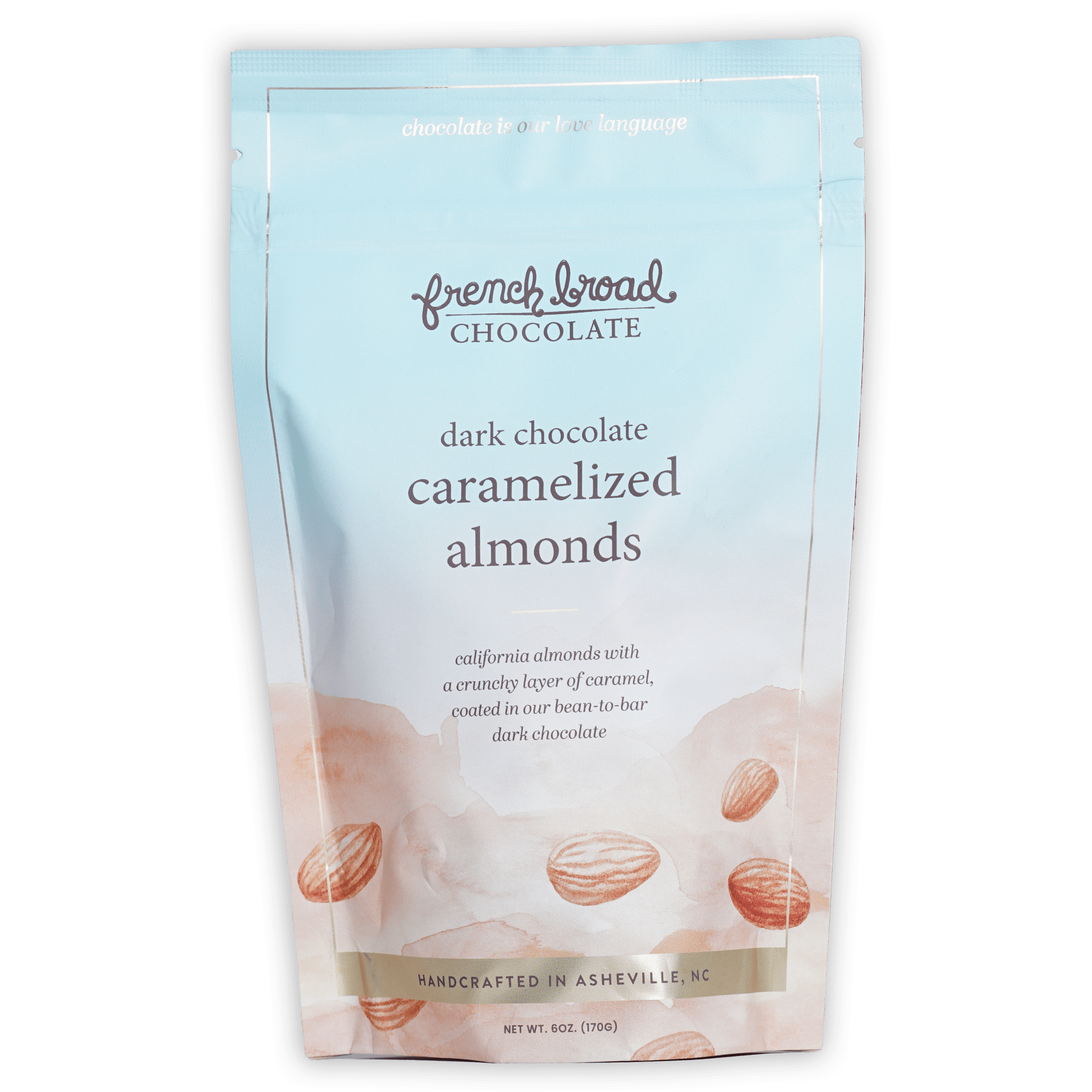 French Broad dark chocolate covered caramelized almonds in blue pouch