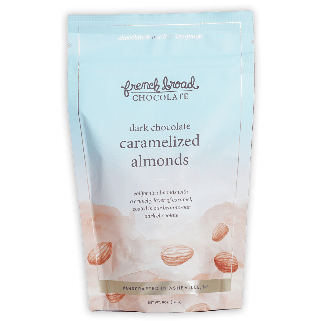 French Broad dark chocolate covered caramelized almonds in blue pouch