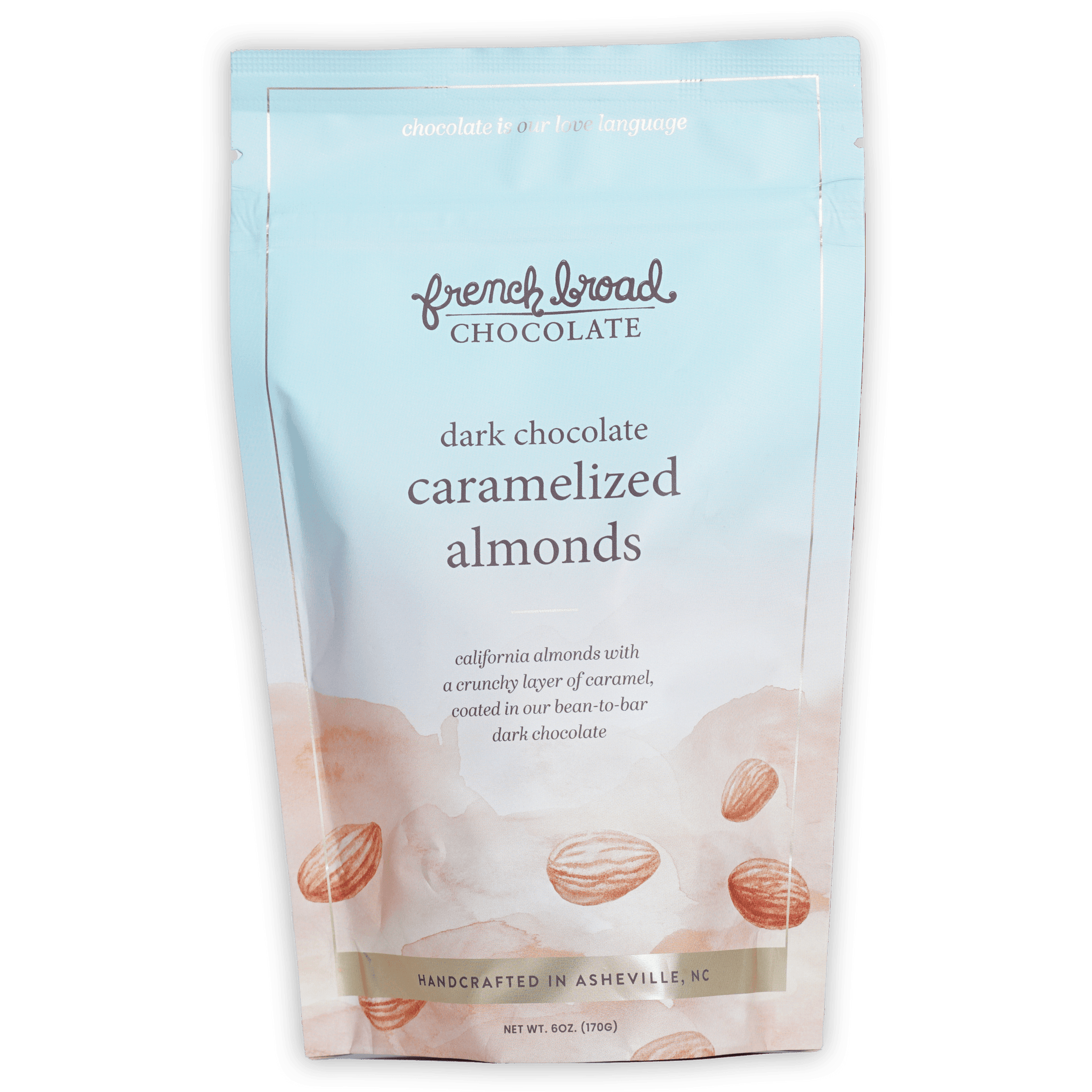 French Broad dark chocolate covered caramelized almonds in blue pouch