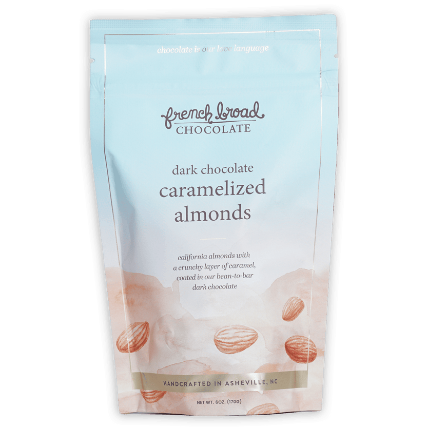 French Broad dark chocolate covered caramelized almonds in blue pouch