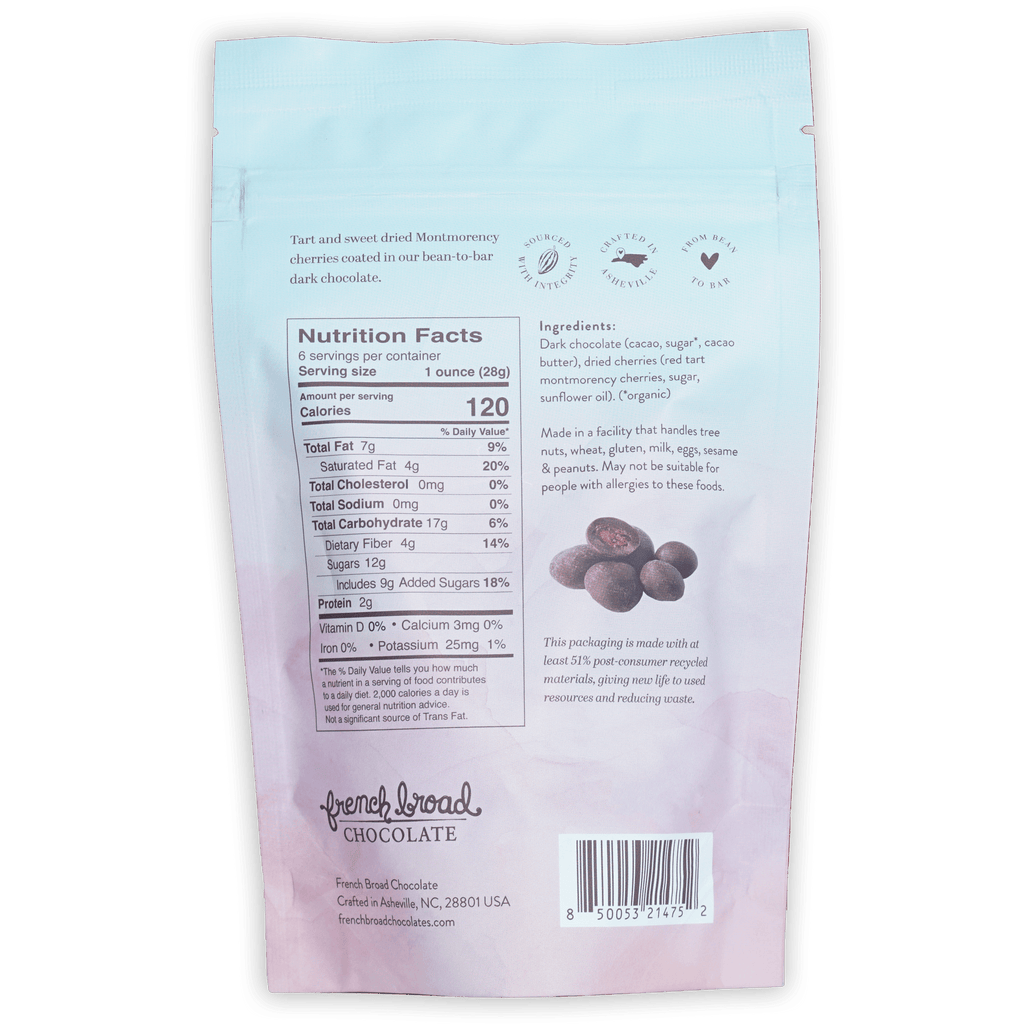 French Broad Dark Chocolate Covered Cherries glossy light blue packaging
