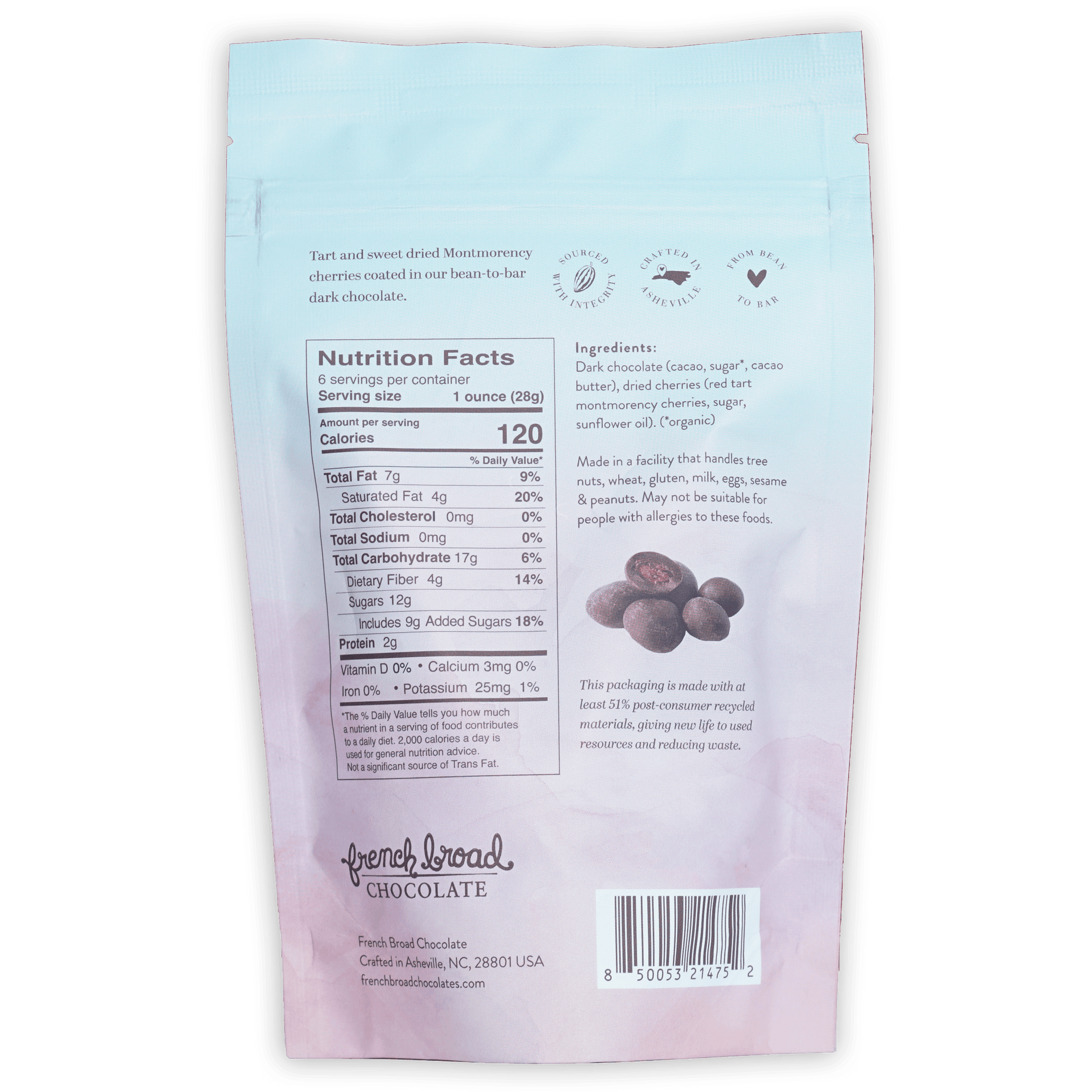 French Broad Dark Chocolate Covered Cherries glossy light blue packaging
