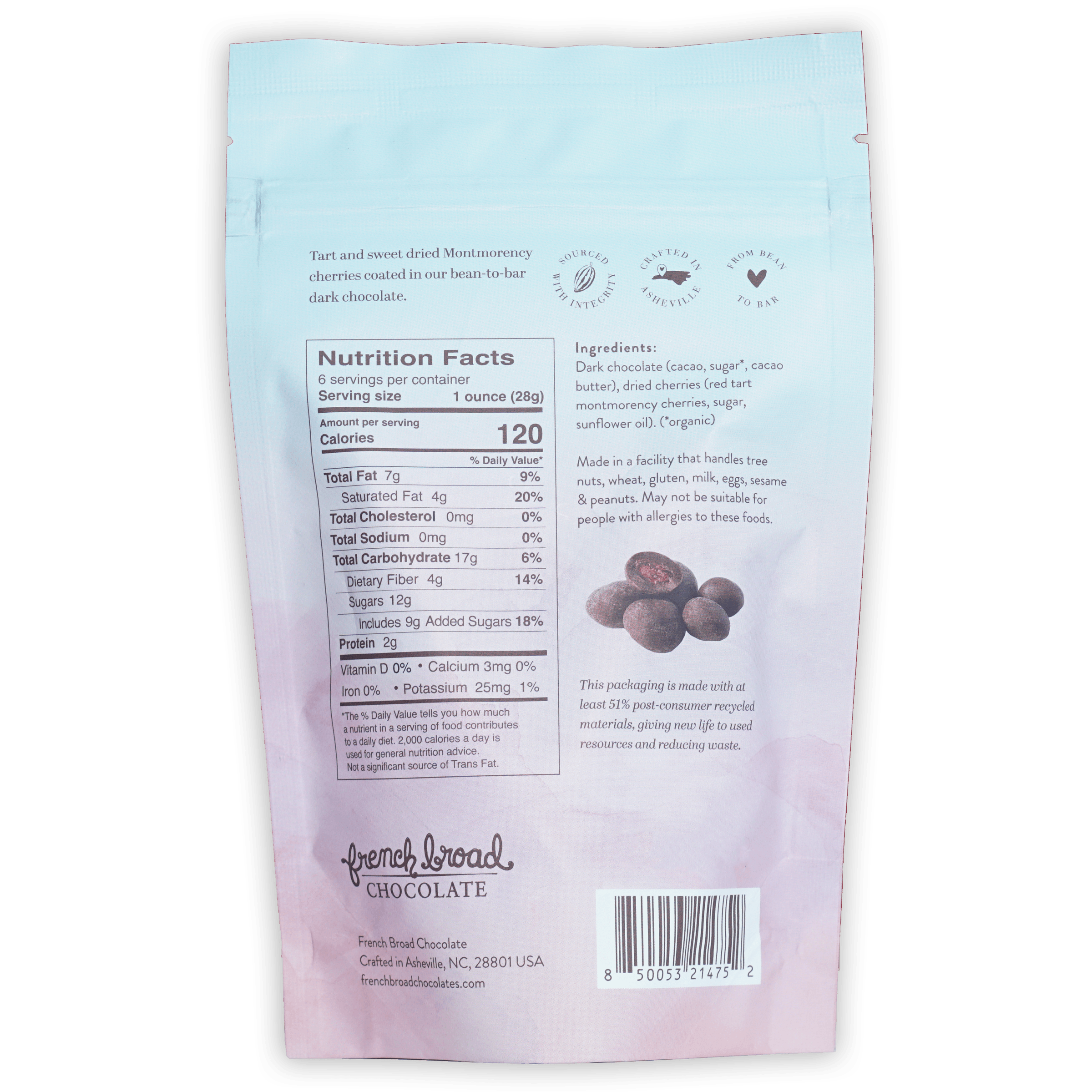 French Broad Dark Chocolate Covered Cherries glossy light blue packaging
